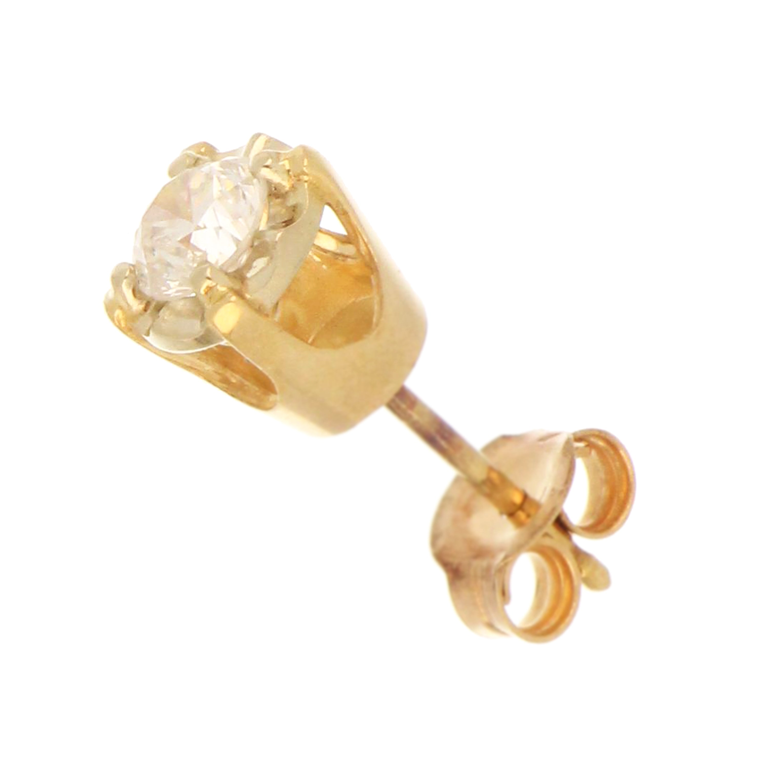 Side view of 14kt gold diamond stud showing four-prong setting