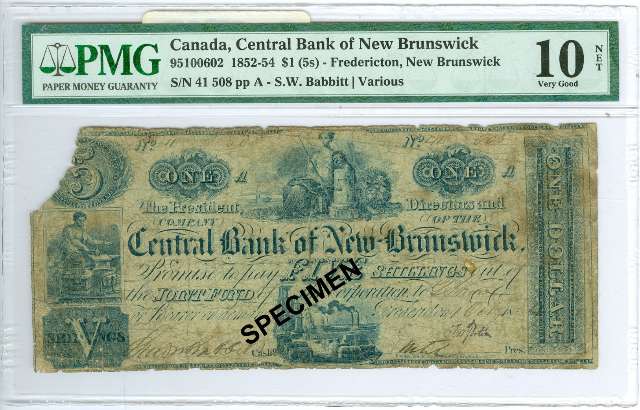 fullMatchVisibleCentral Bank of New Brunswick $1 / 5 Shillings, Corner Missing Sh.VGPMG
