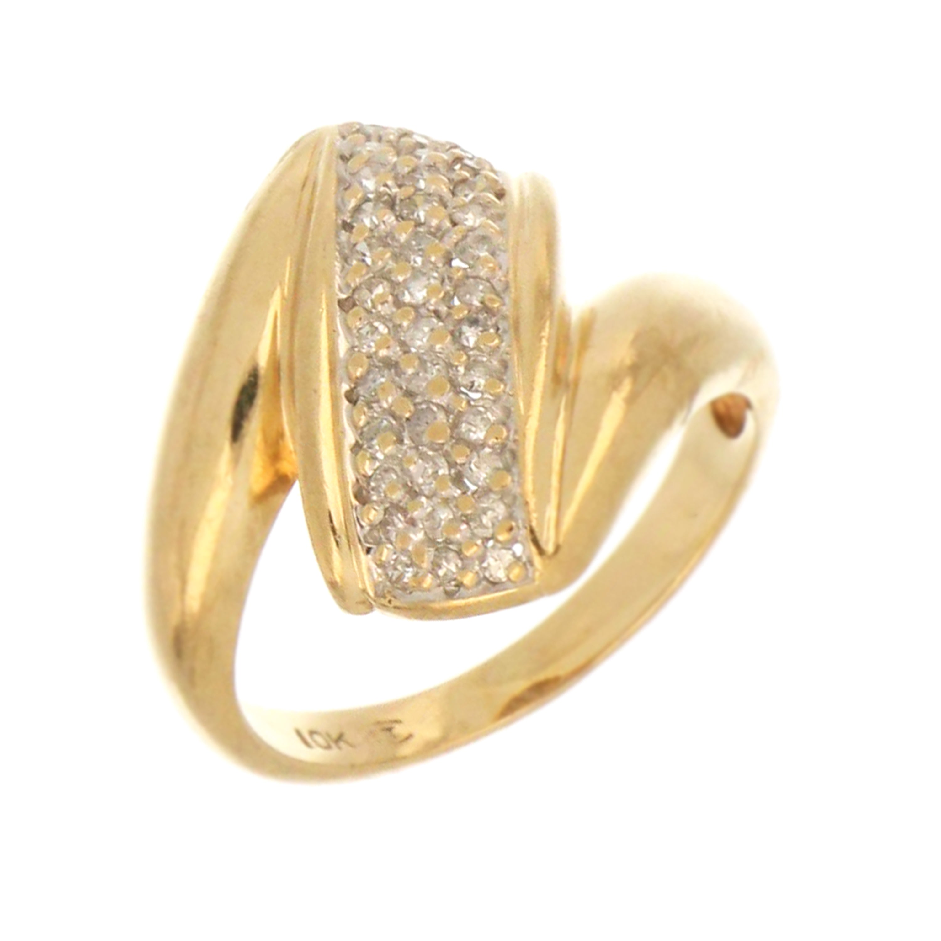 Close-up of 10kt yellow gold ring with pave-set diamonds
