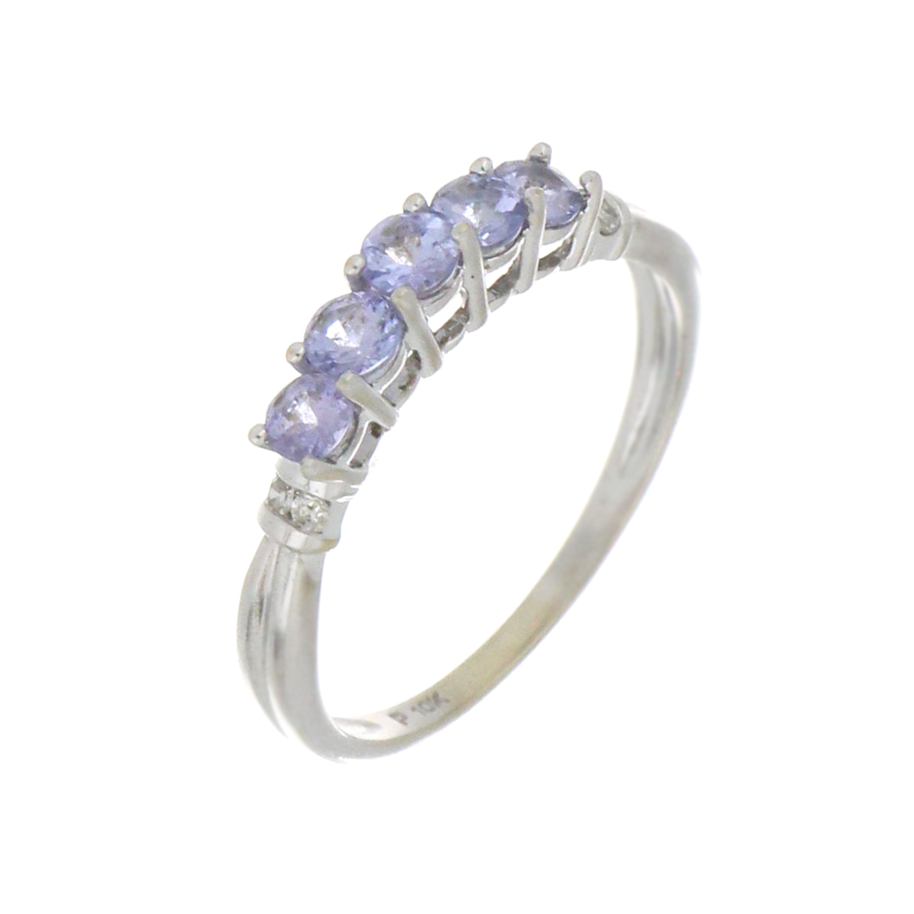 Elegant white gold tanzanite ring with five shimmering round stones in prong setting.