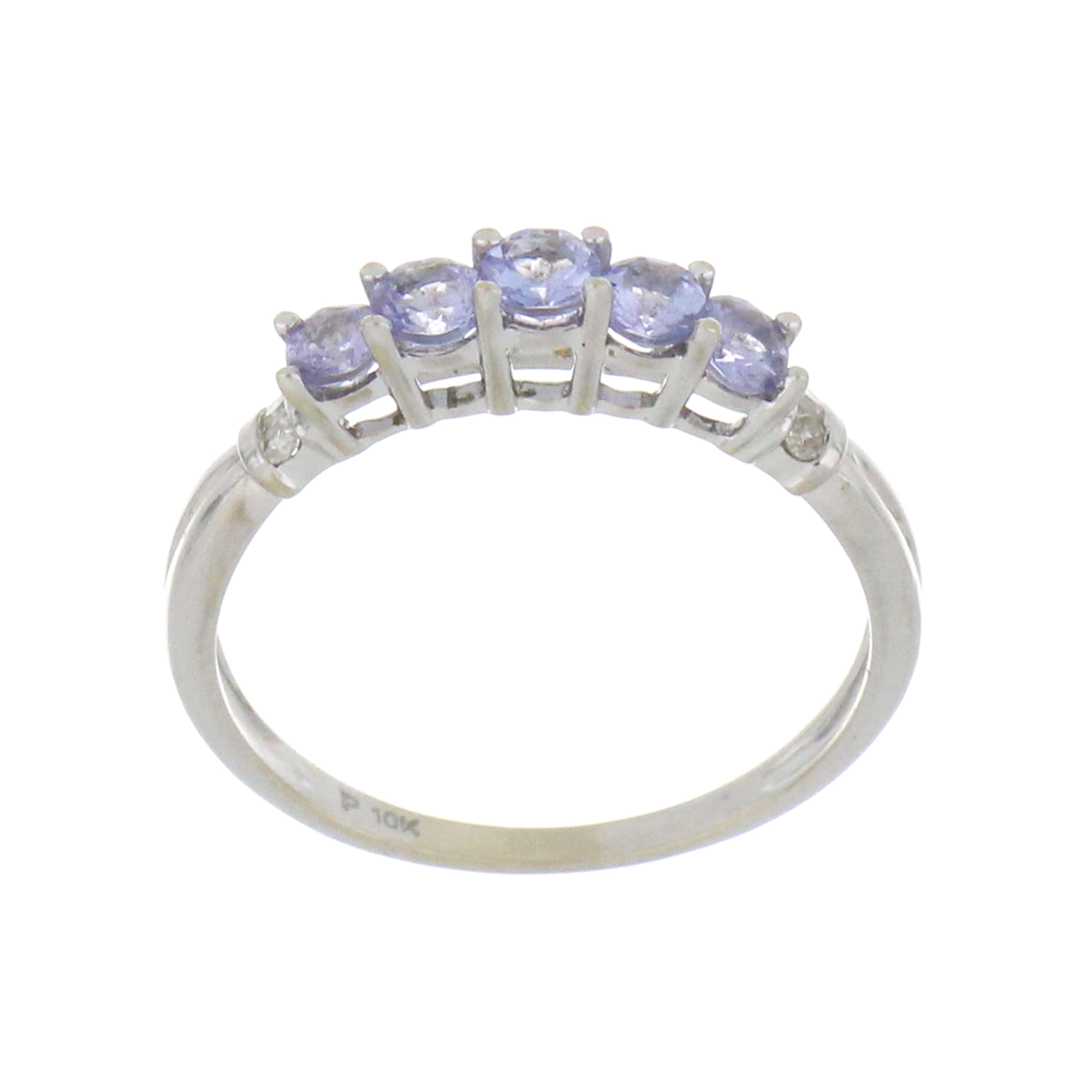 10kt white gold five-stone ring featuring round-cut violet tanzanite gems, size 7.5.