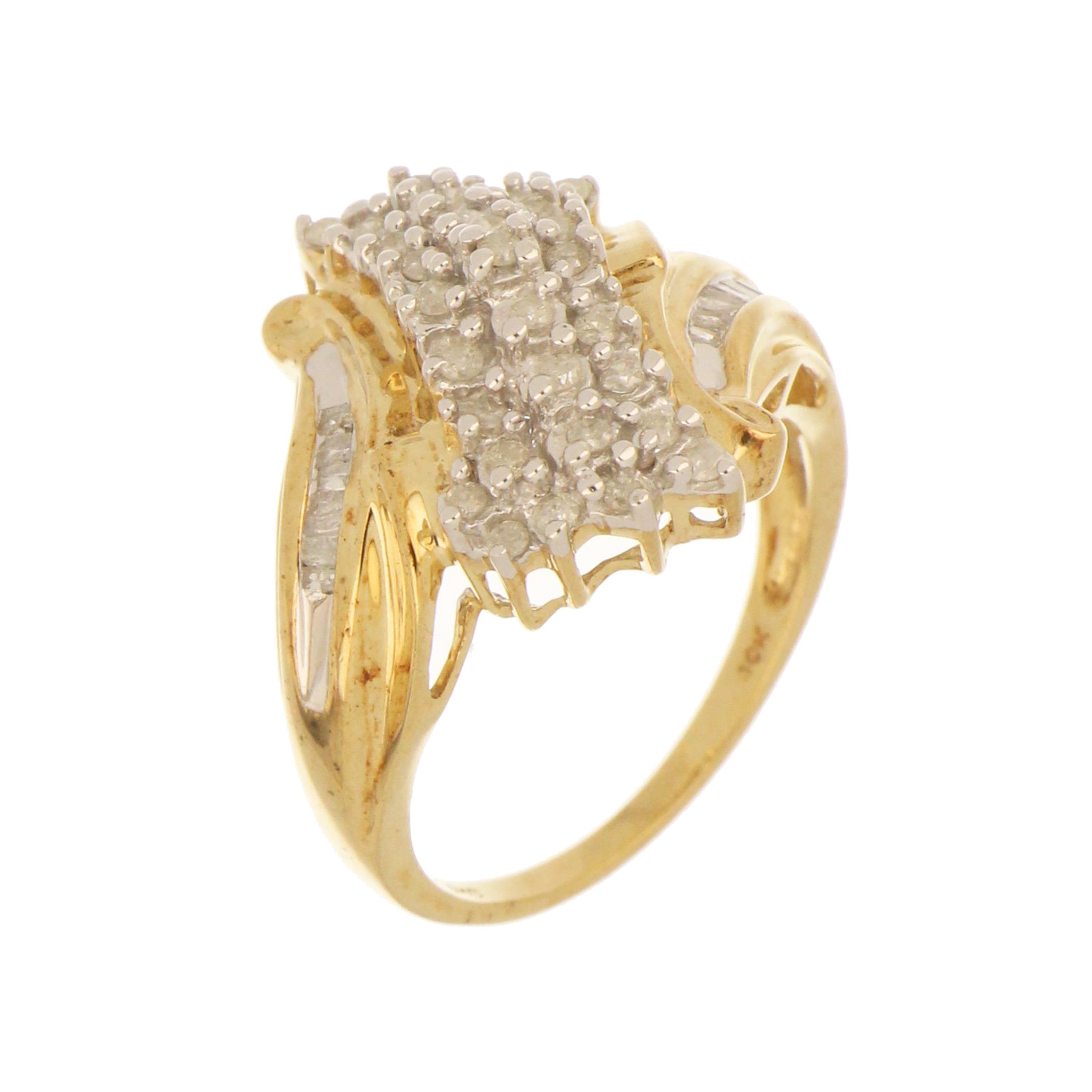 Elegant 10kt yellow gold ring featuring multiple diamonds in a bold, raised cluster setting.