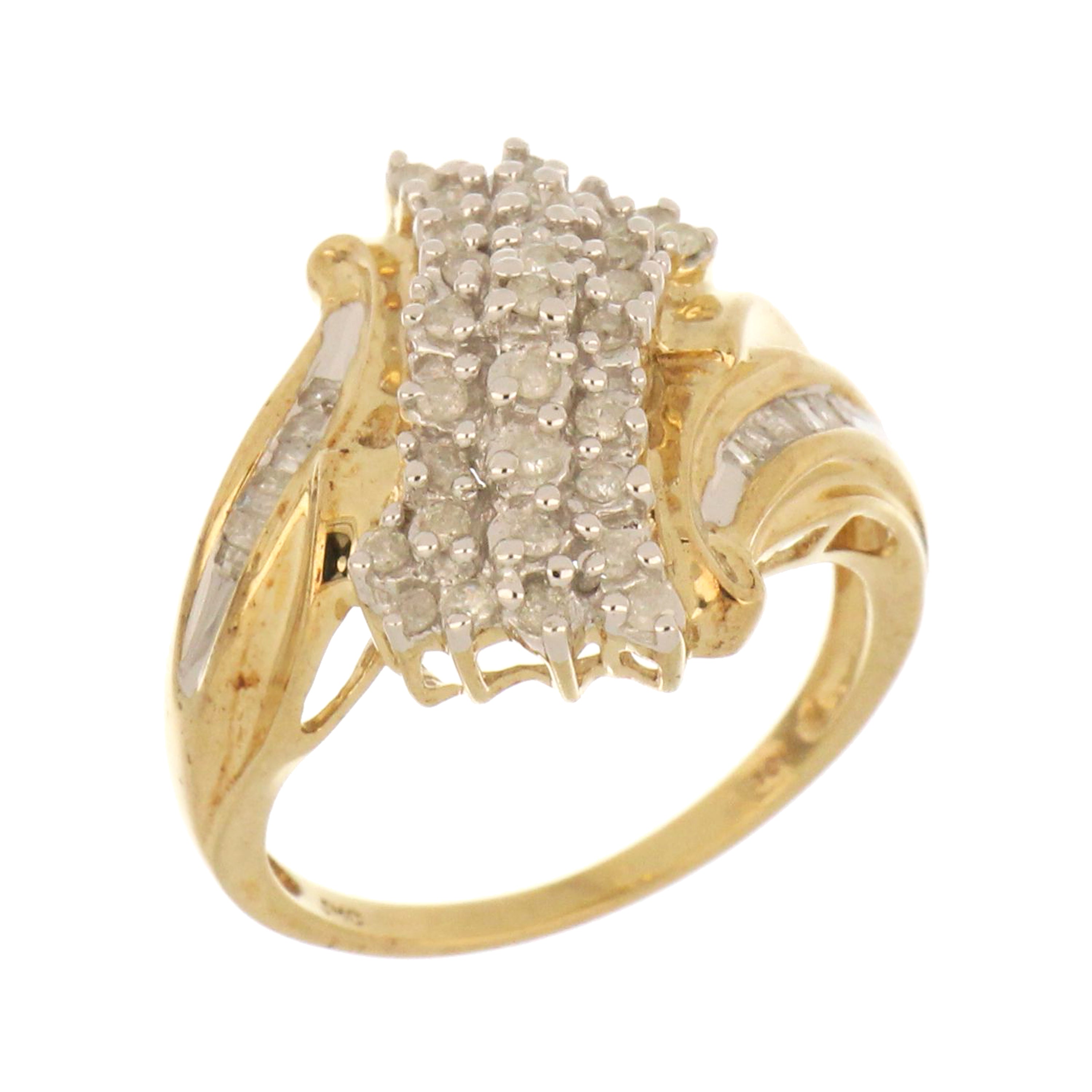 Yellow gold diamond cluster ring with curved band design, size 7.25, 10kt gold.