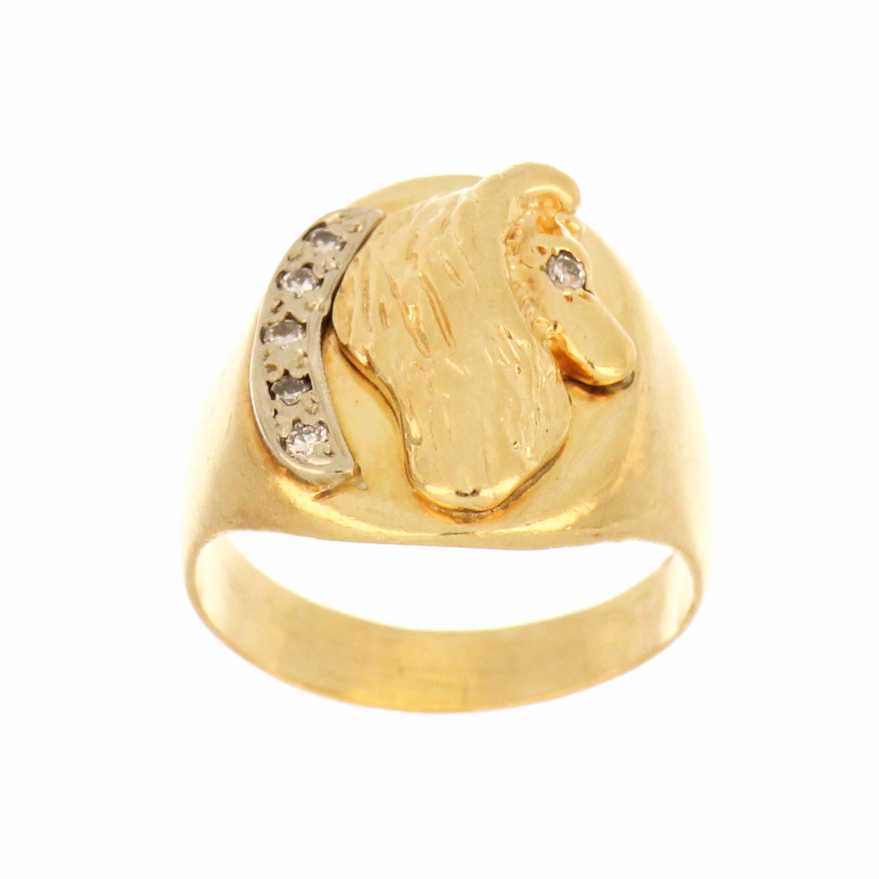 10kt yellow gold horseshoe ring with horse head and diamonds, 4.71g