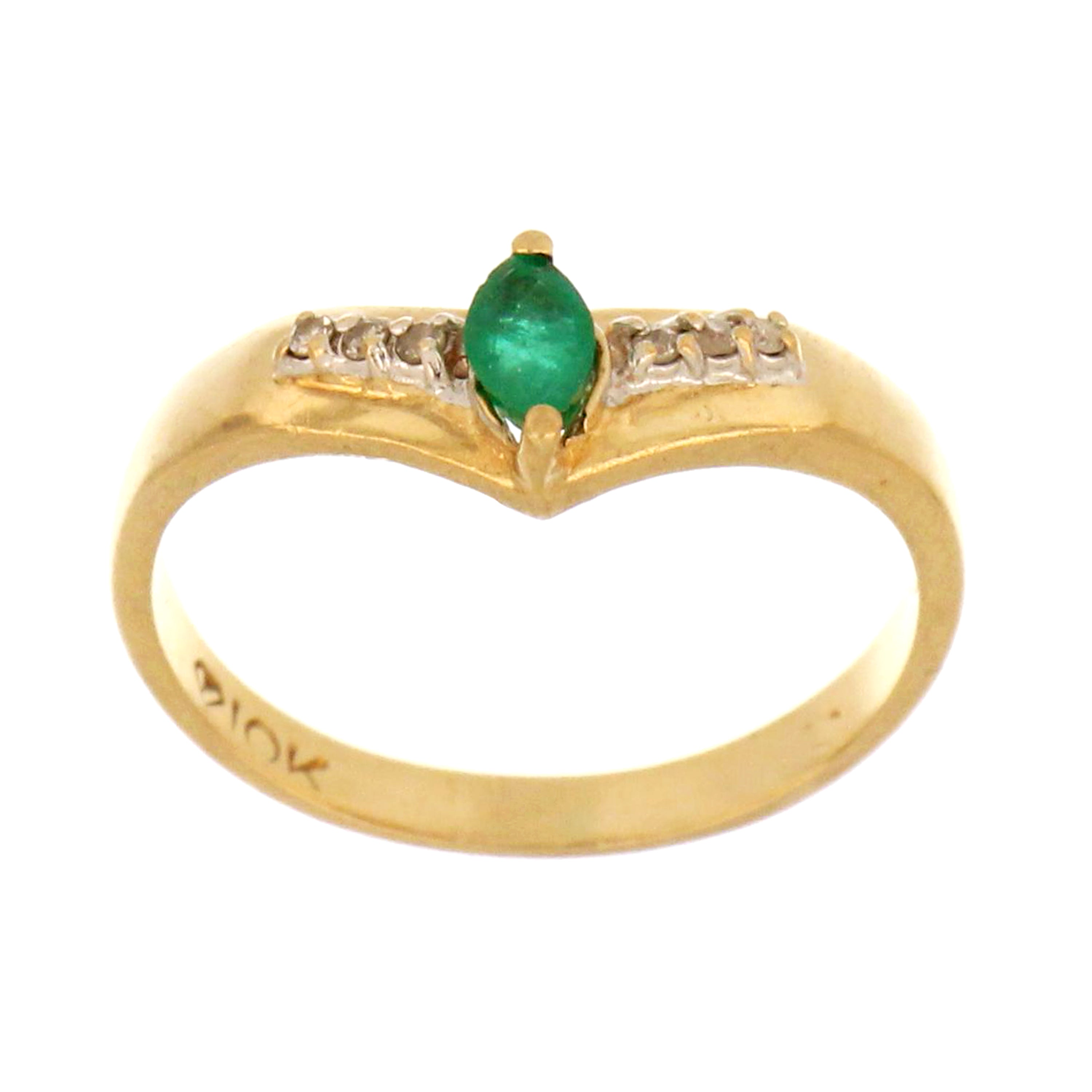 10kt yellow gold ring with marquise-cut emerald and small white accent stones, size 5.75.