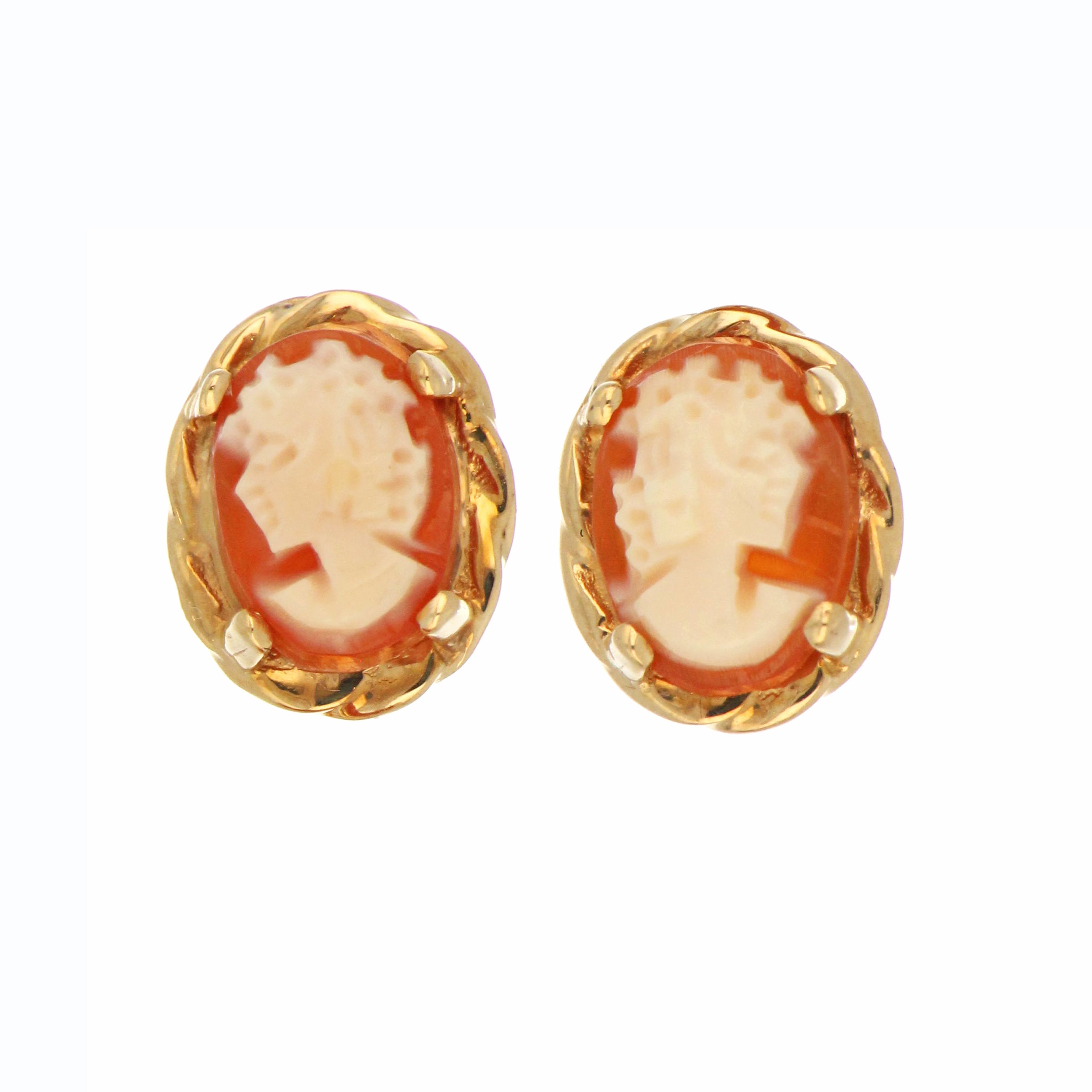 10kt yellow gold earrings with oval 8×6 mm cameo shell carvings
