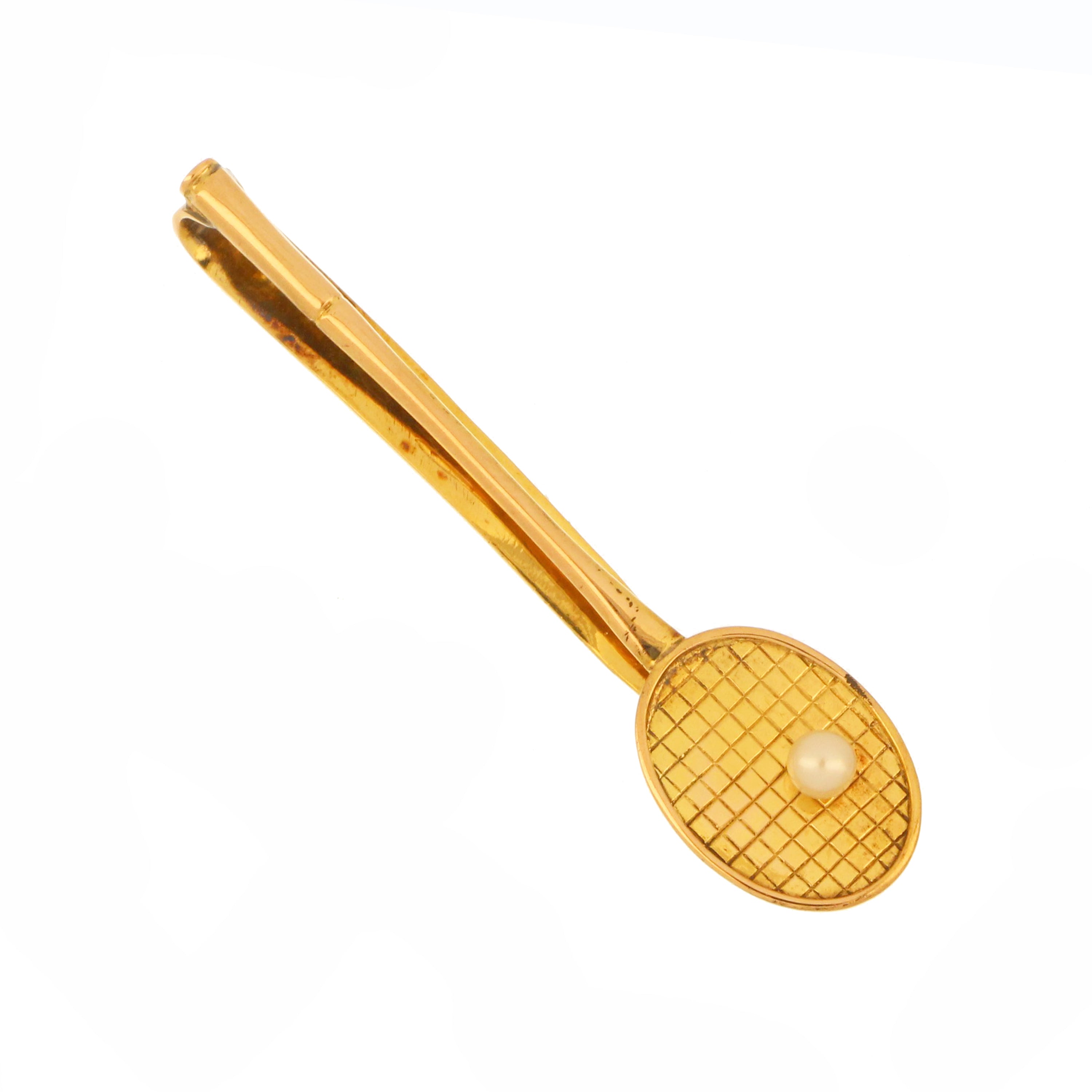 Sports-themed gold tie pin featuring a pearl on racket design