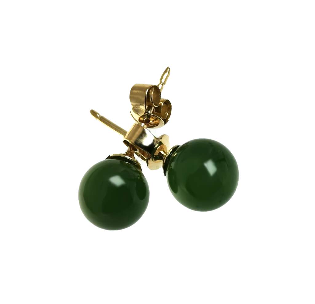 12kt yellow gold stud earrings with round green BC jade beads