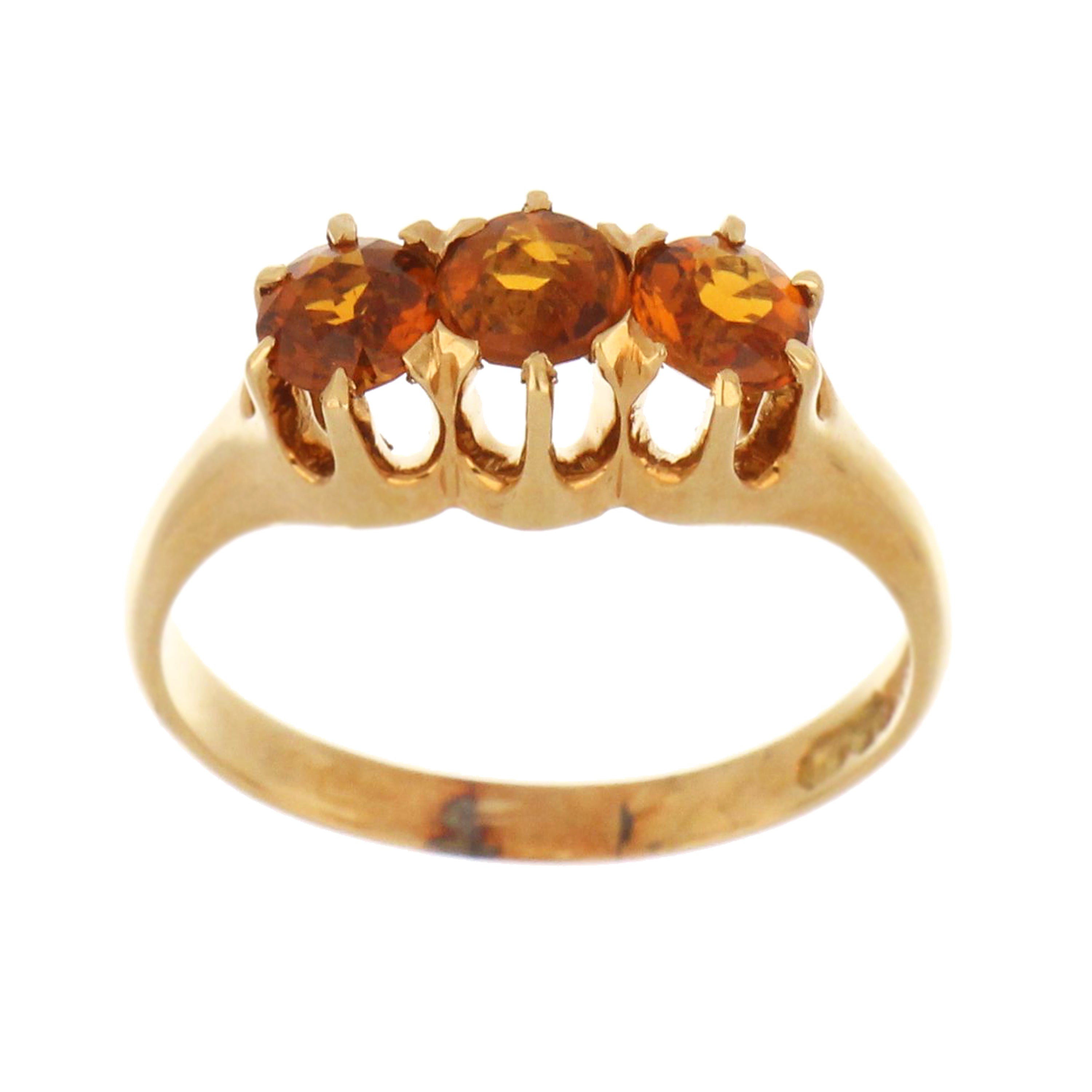 14K yellow gold ring with three round citrine gemstones in claw setting