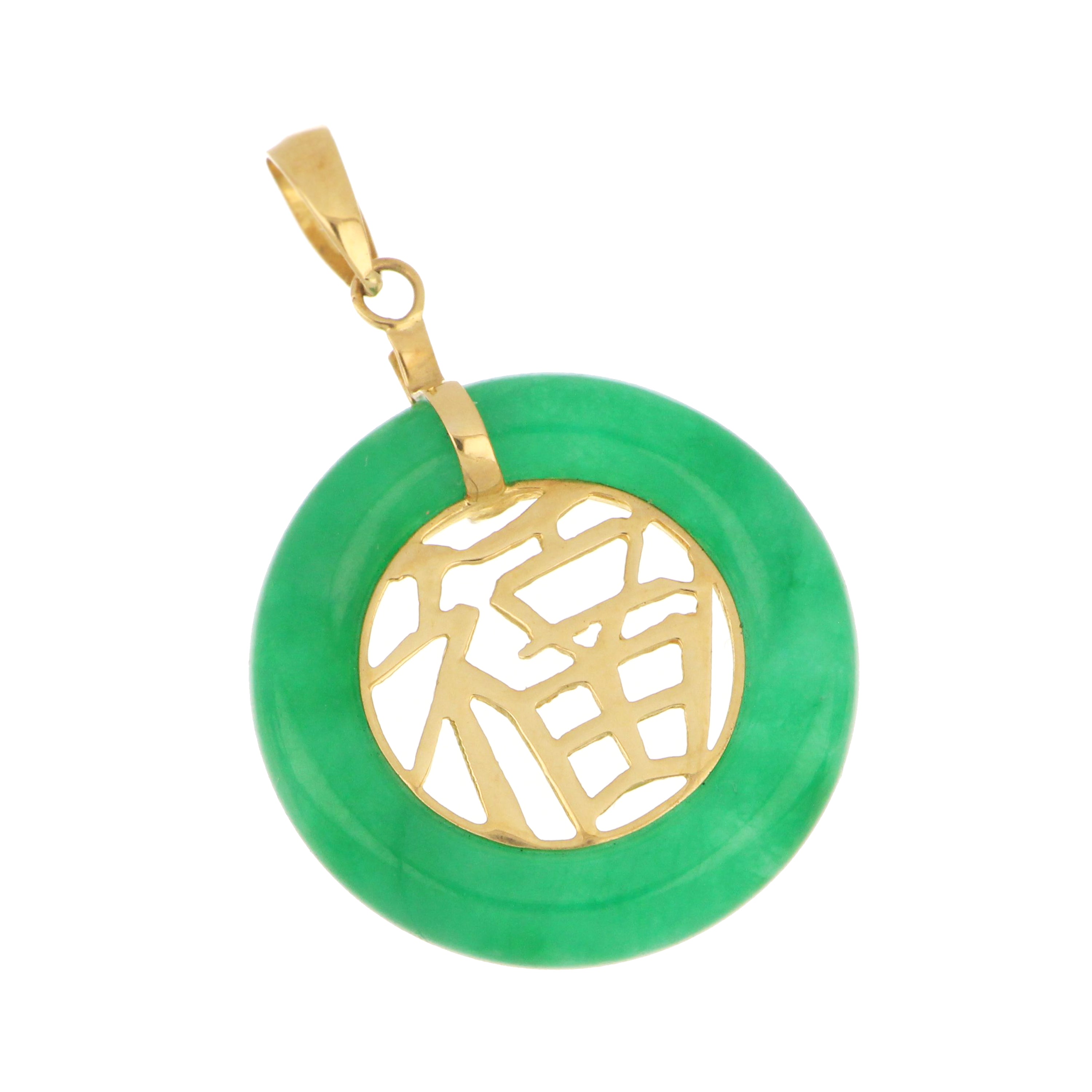 Green jadeite jade donut pendant with gold Chinese “福” character in 14kt yellow gold.