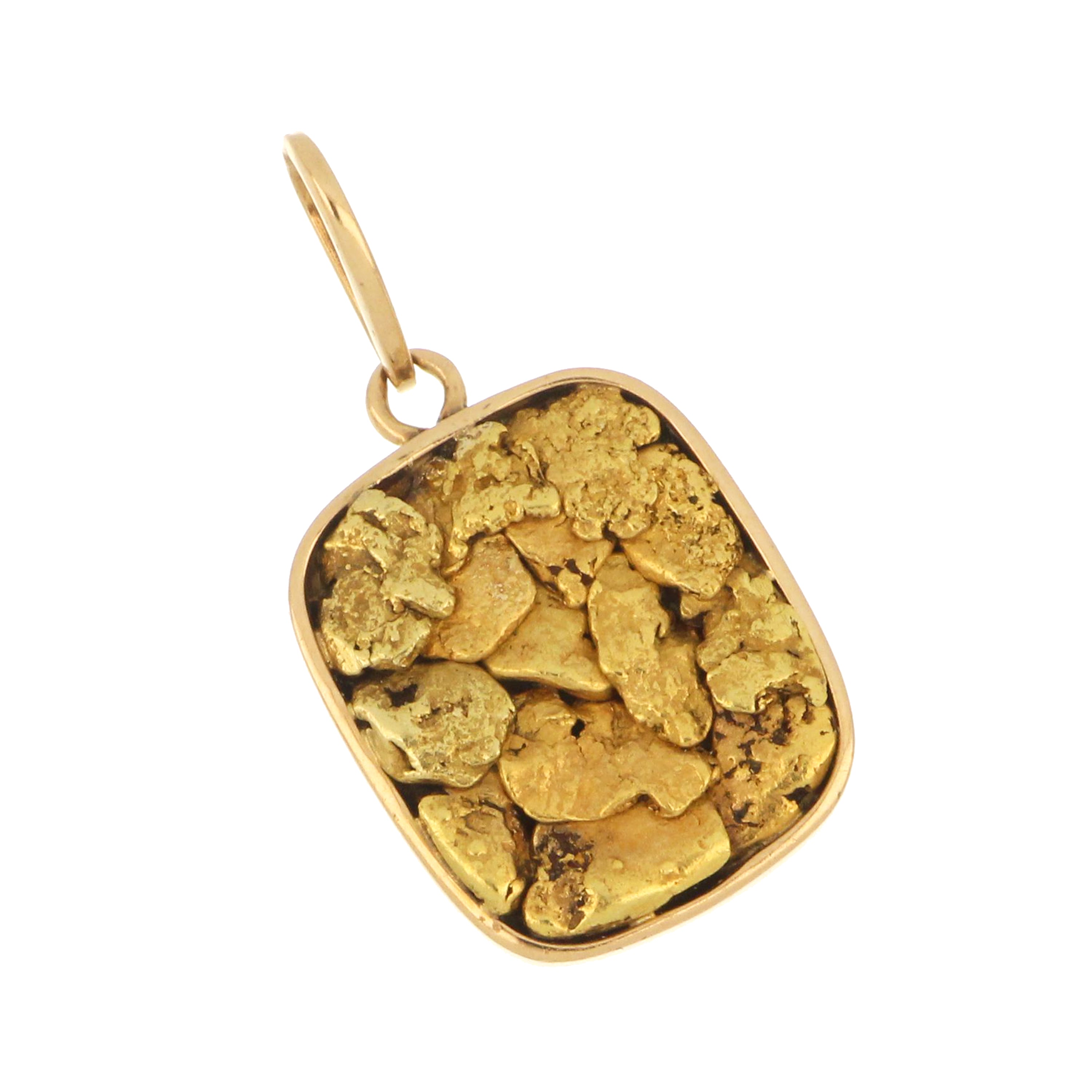 Square pendant featuring natural gold nuggets set in 14kt yellow gold frame, 4.67g.
