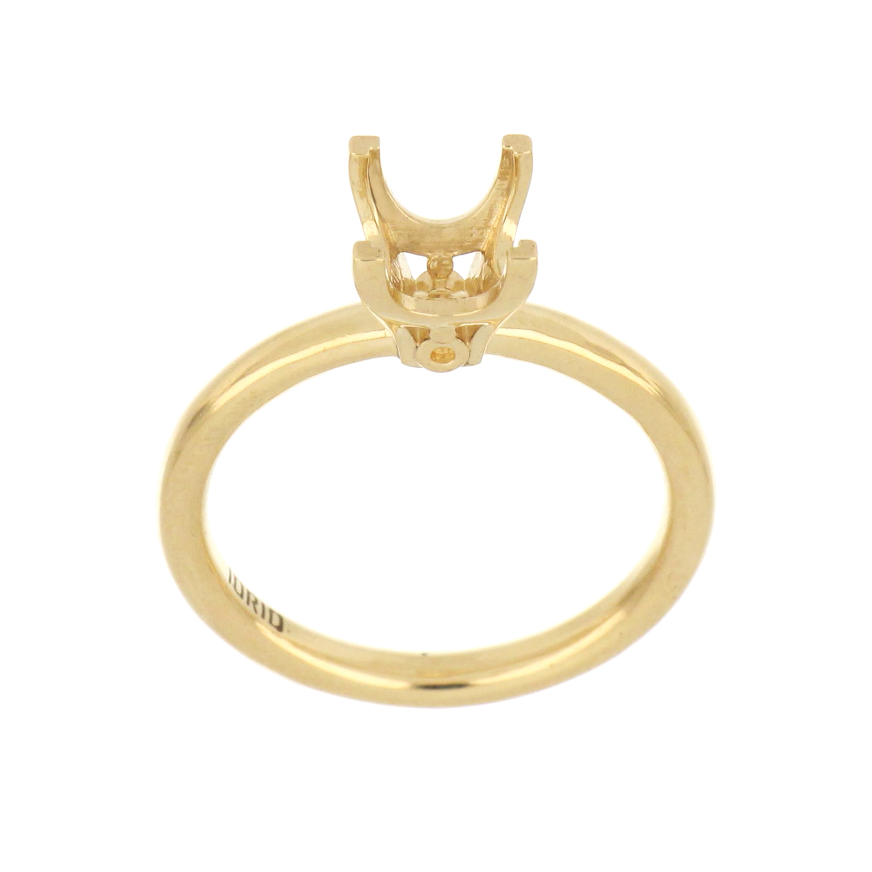14kt yellow gold solitaire ring mounting for 6mm princess-cut stone with four-claw setting.
