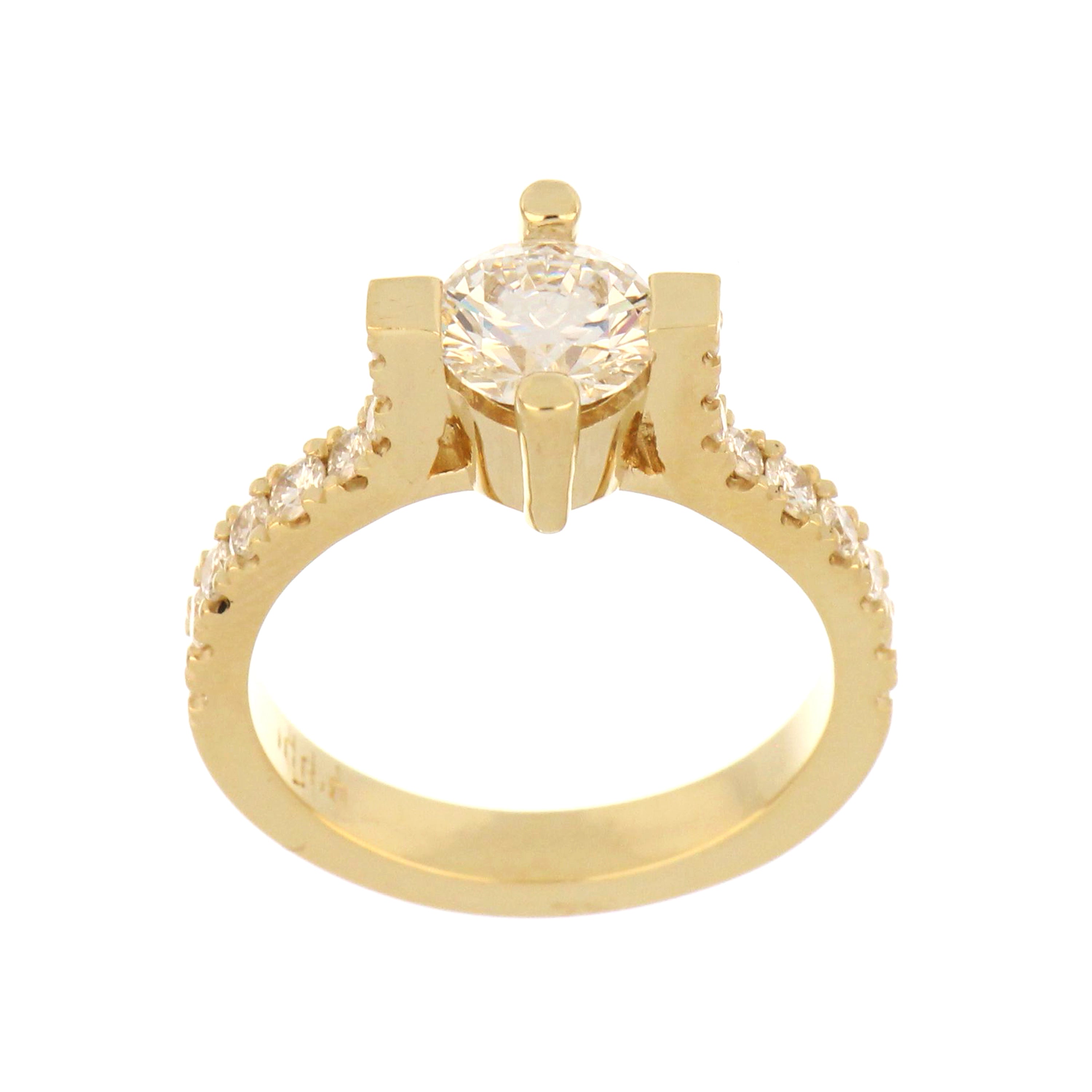 14kt yellow gold solitaire engagement ring with lab-grown round diamond and pavé side stones.