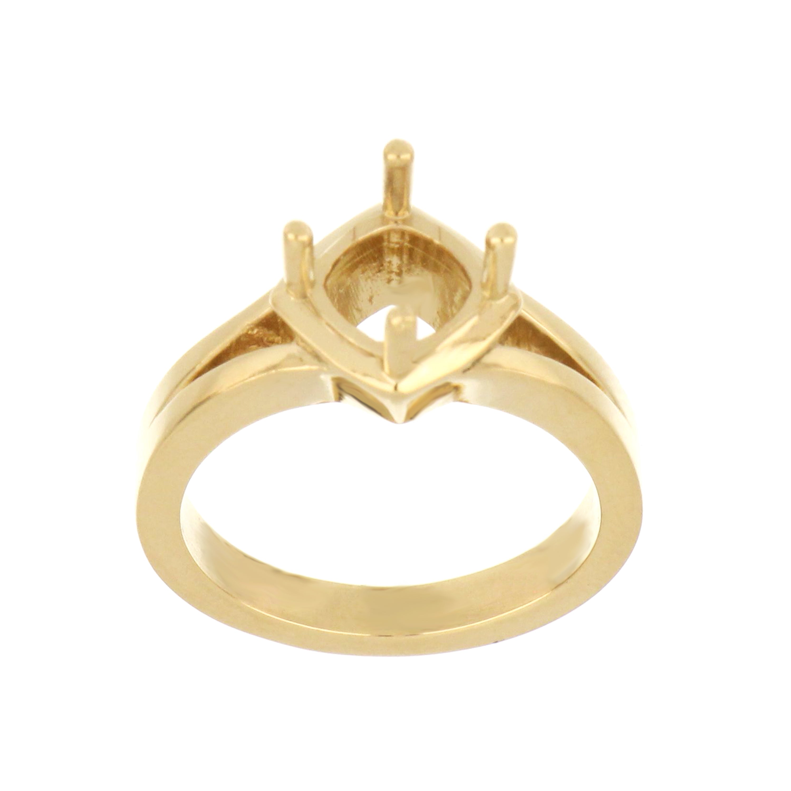 14kt yellow gold solitaire ring mounting with four-claw setting for round 7.5–8mm stone.