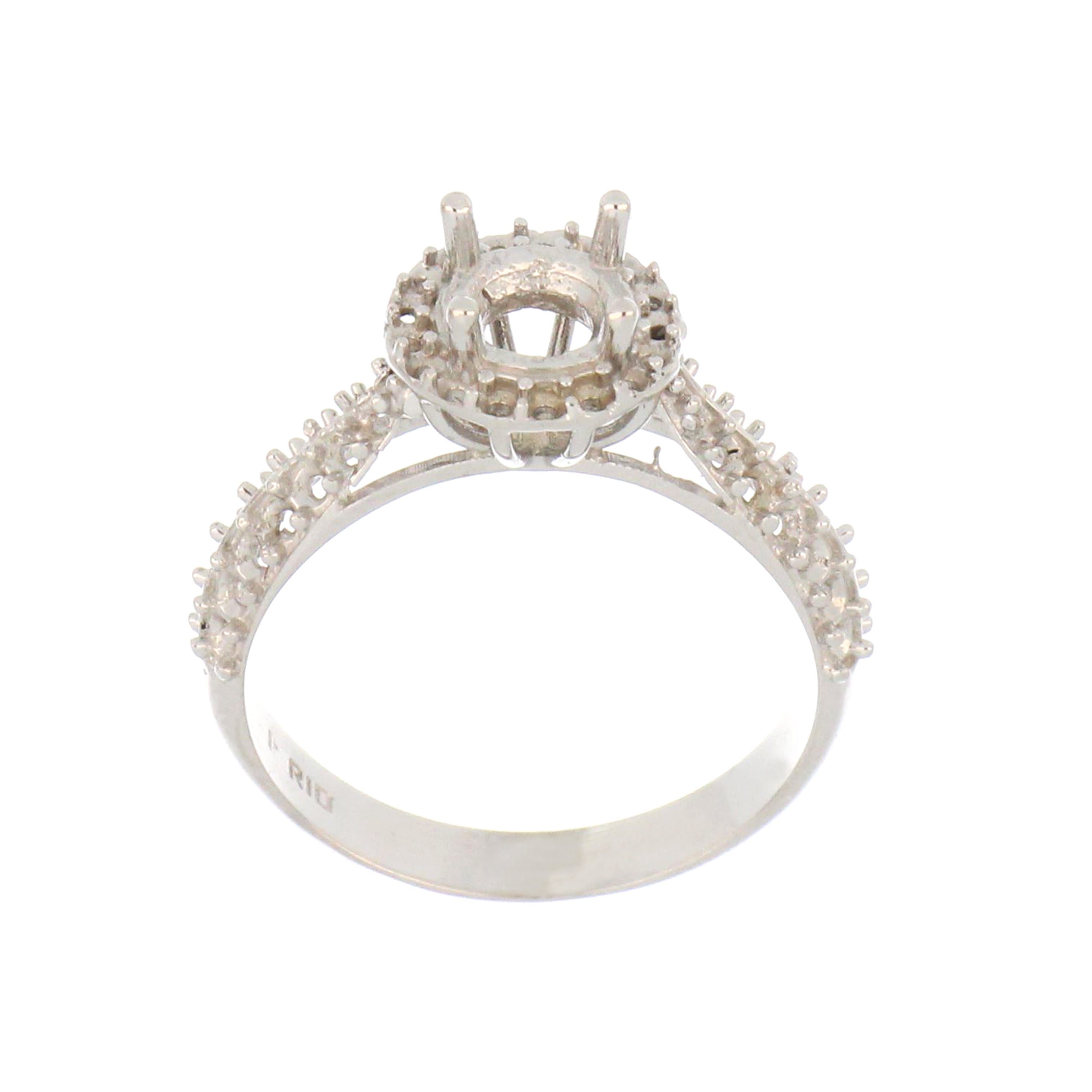 14kt white gold halo-style solitaire ring mounting with diamond-accent shoulders