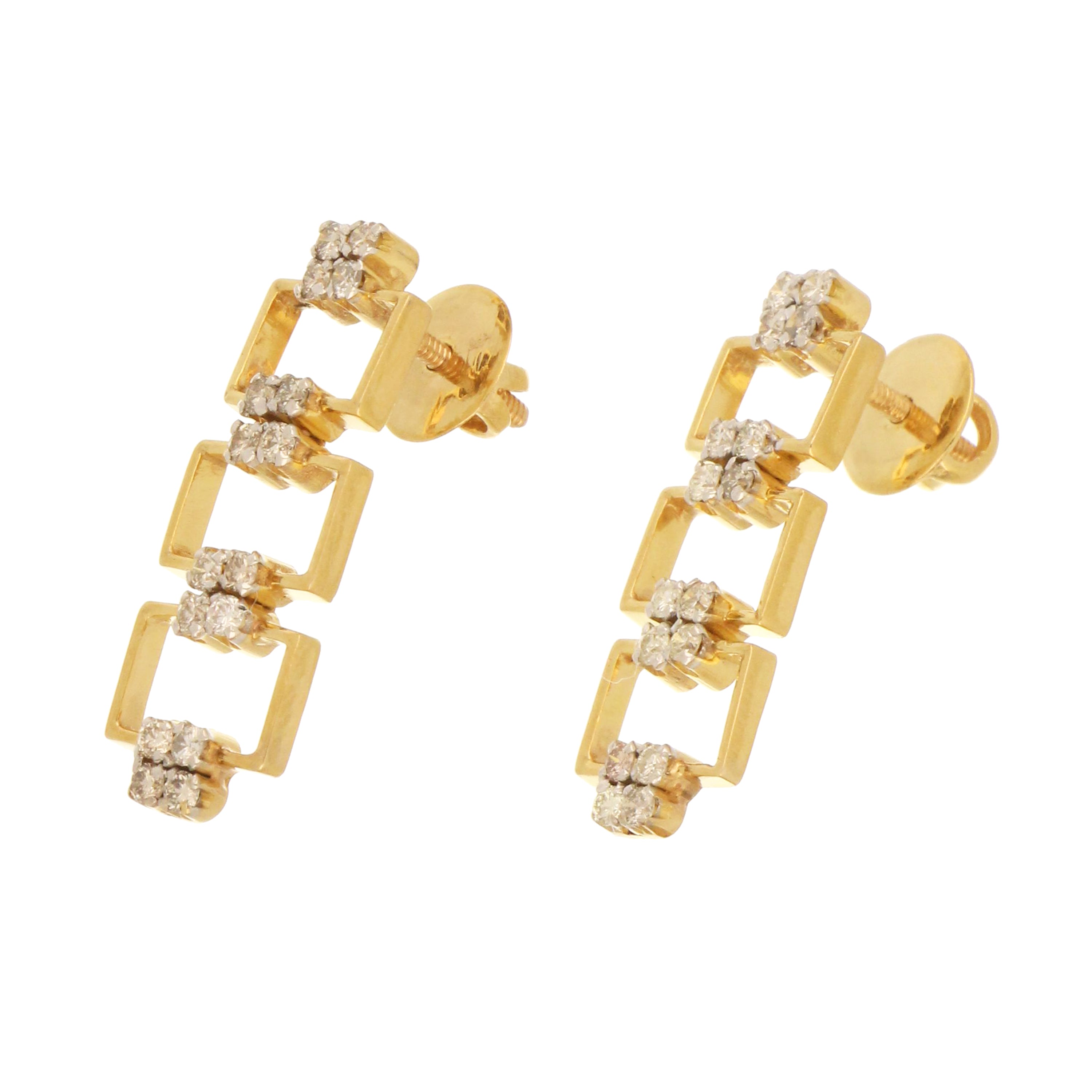 Pair of 14kt gold drop earrings featuring clusters of round diamonds set within open square frames, pre-owned