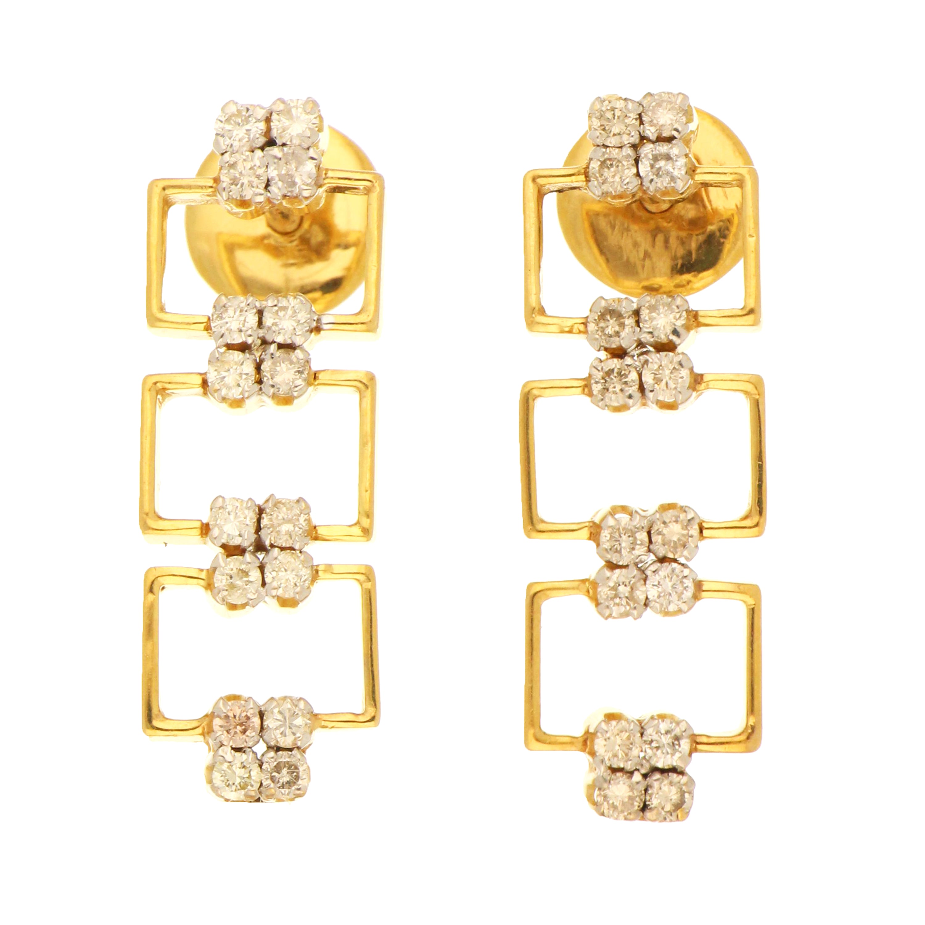 14kt yellow gold diamond earrings with geometric square design and 32 round diamonds, 0.96 carat total weight