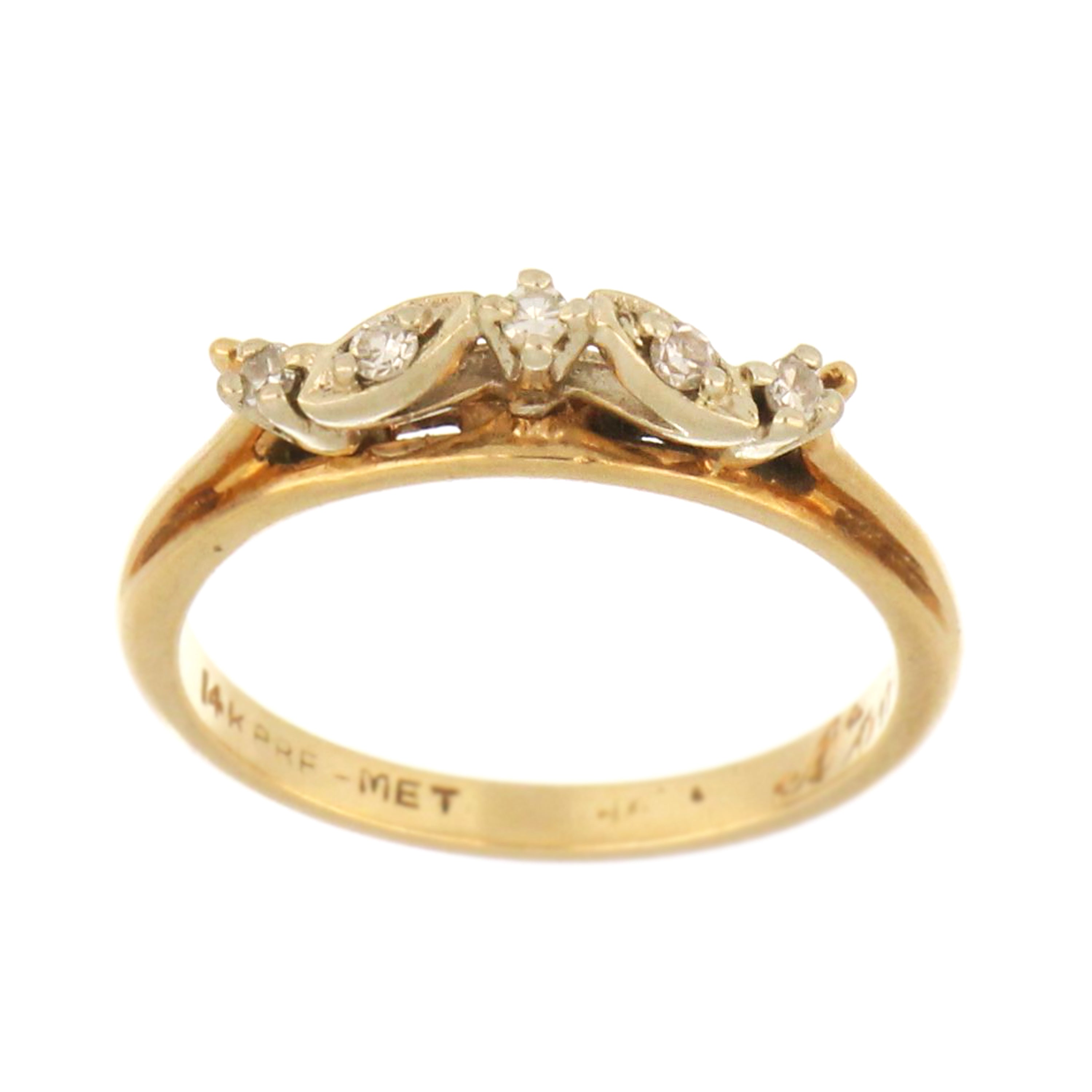 14kt yellow gold diamond ring with five single-cut stones, size 6