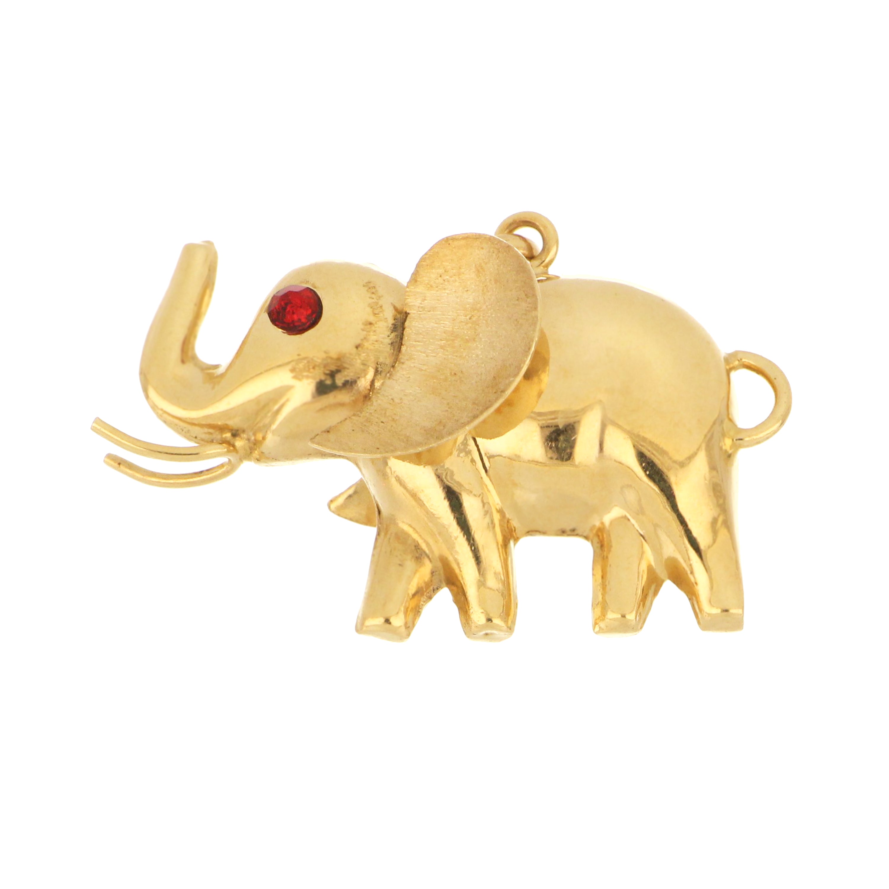 Solid gold elephant charm featuring raised trunk for good luck