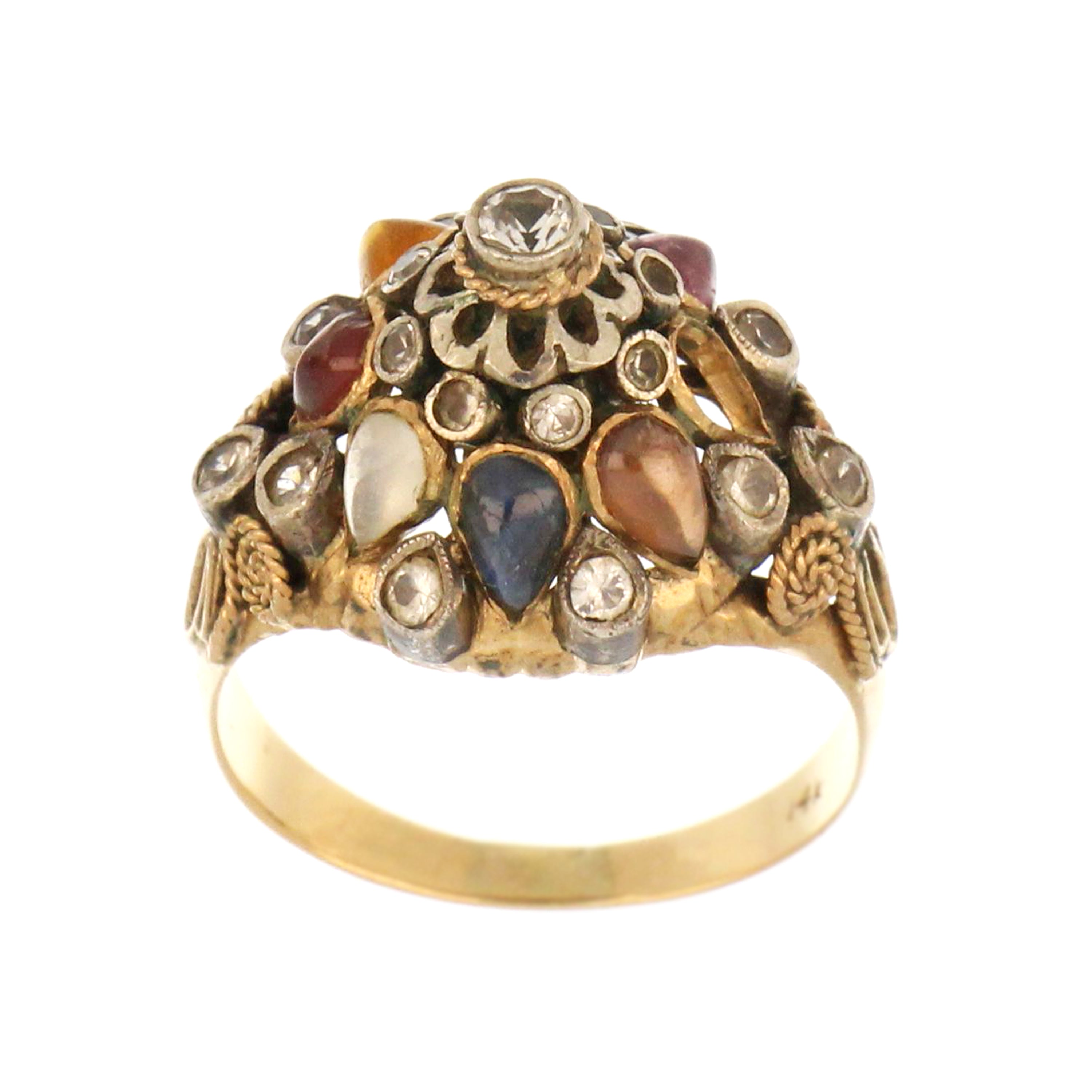 14kt yellow gold multi-gemstone cluster ring with domed design, 4.82g