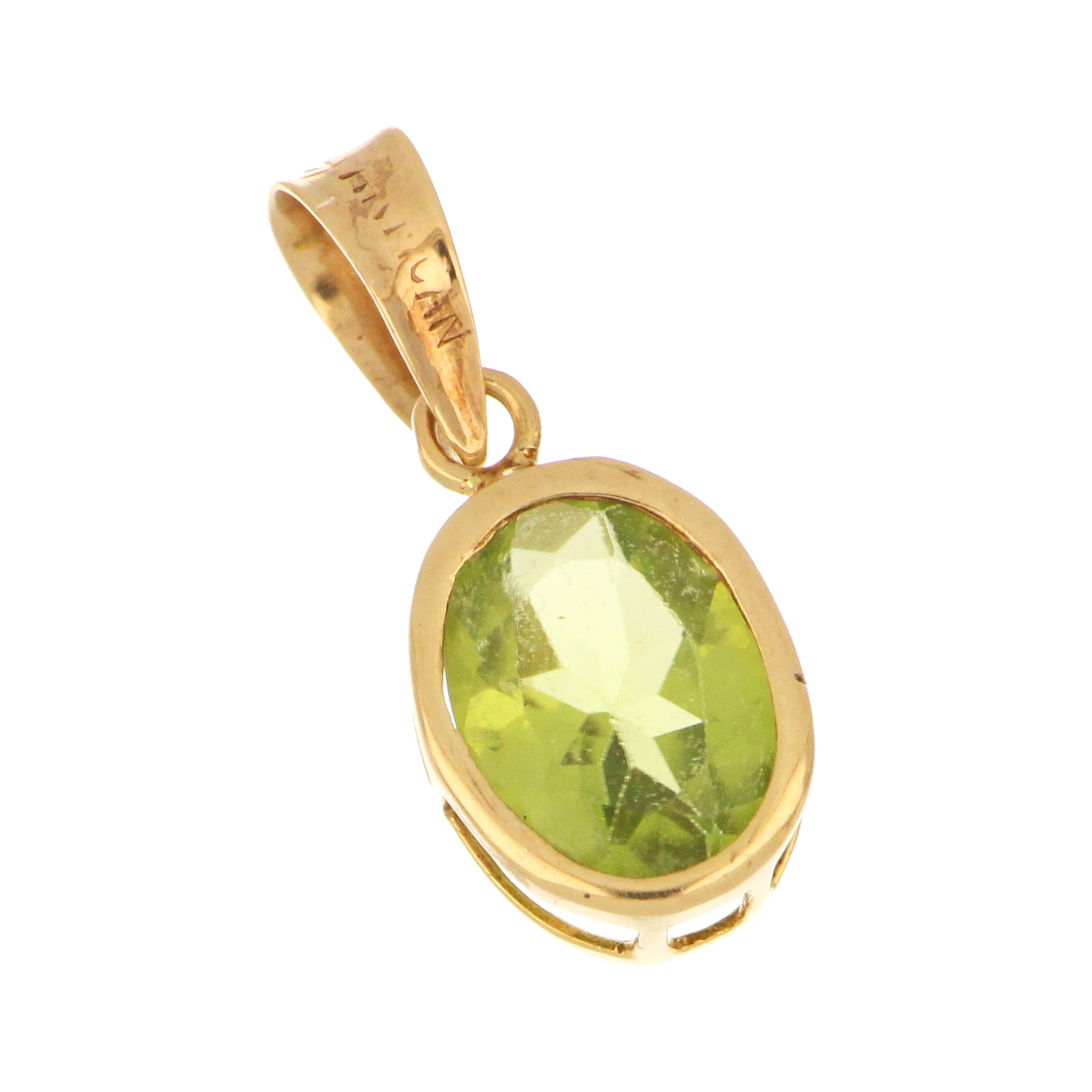 Oval peridot pendant in 14kt yellow gold bezel setting, 9x7mm gemstone