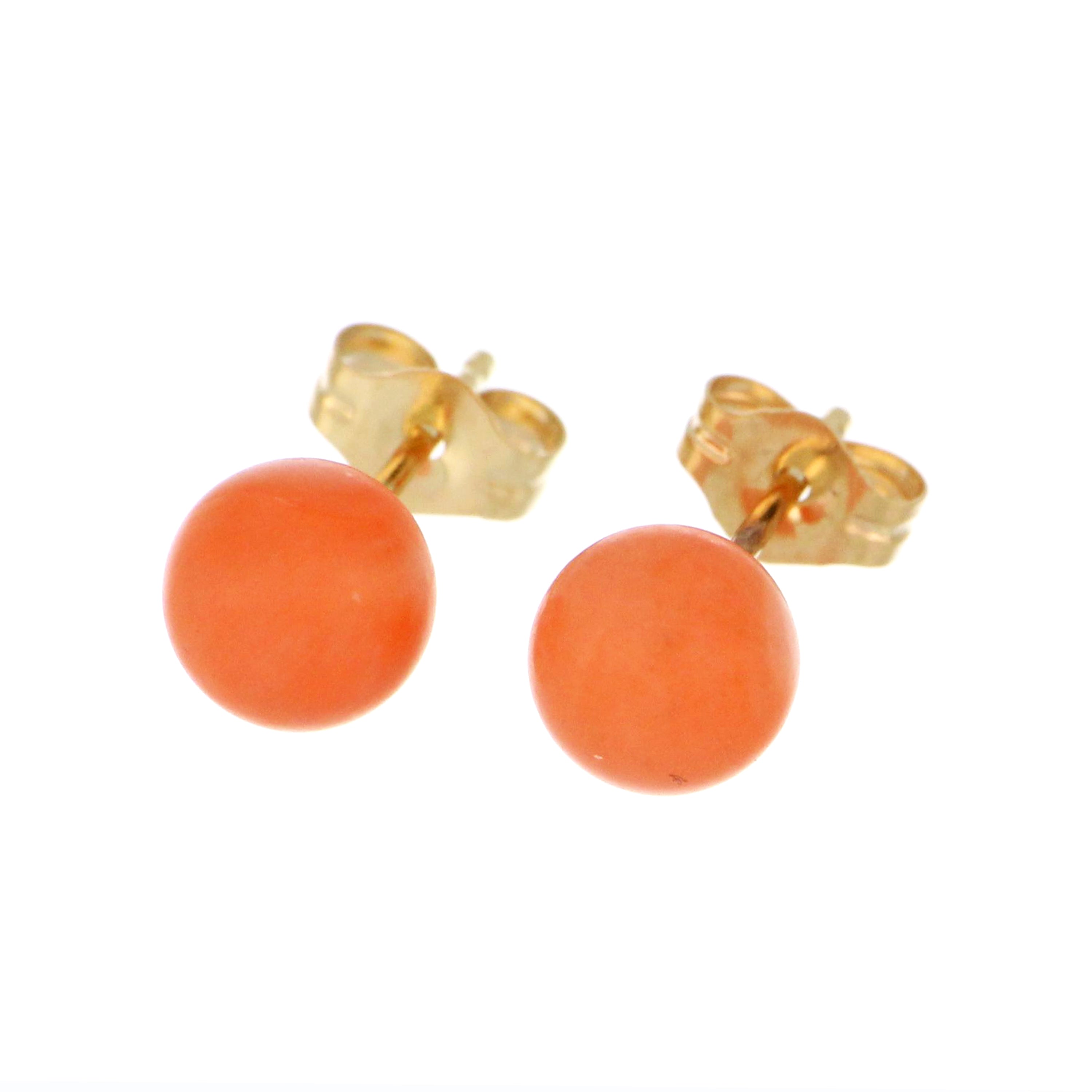 14kt yellow gold pink coral stud earrings with 6.5 mm beads