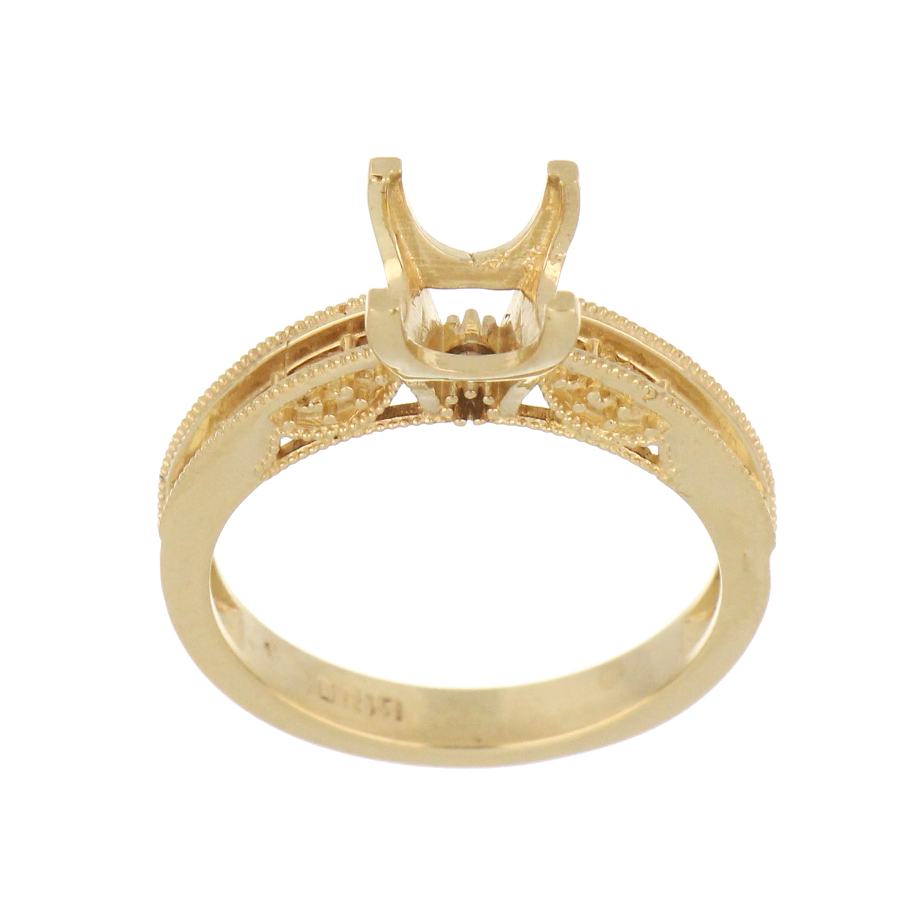 14kt yellow gold solitaire ring mounting for 5.5–6.0mm princess cut stone with channel-set accents.