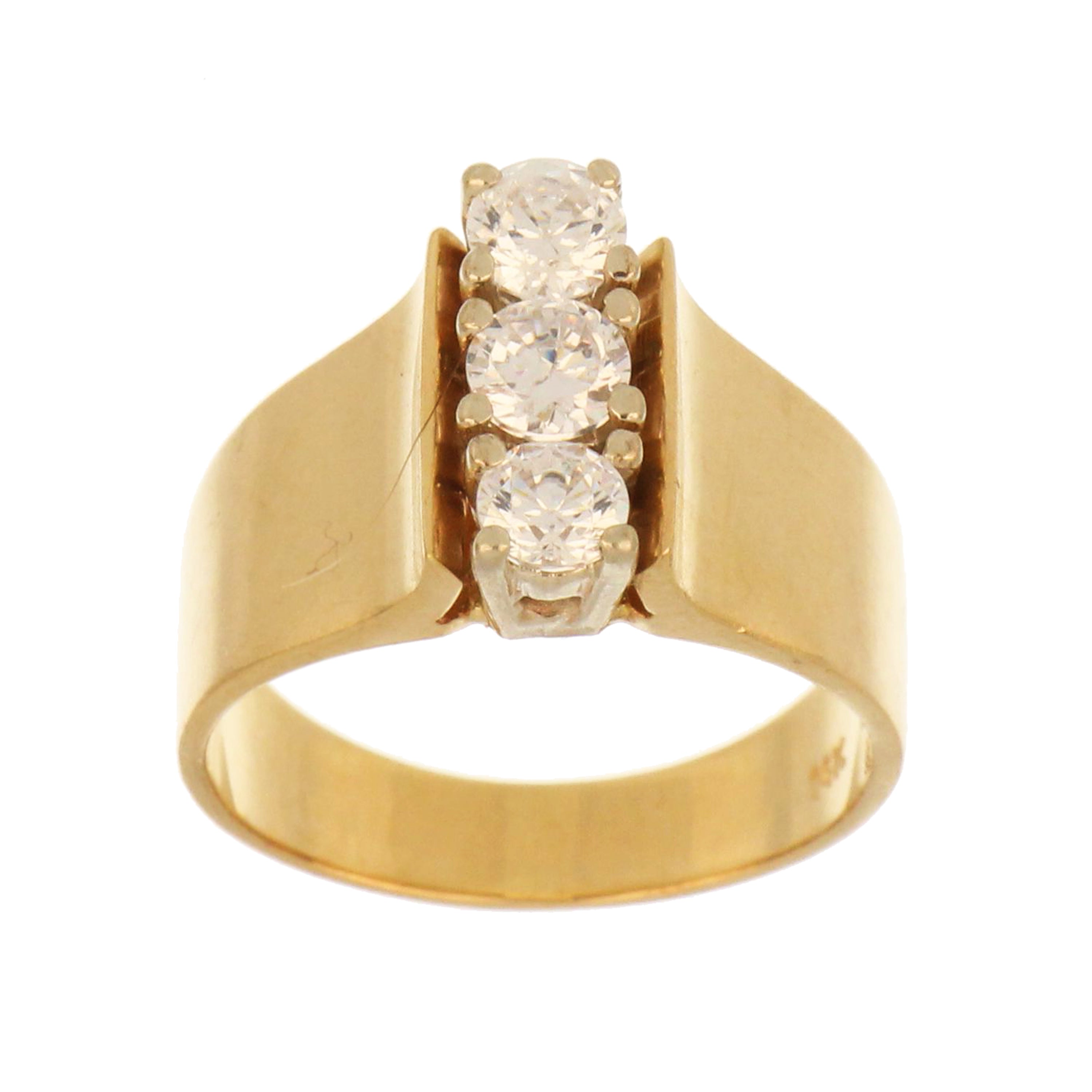 14kt yellow gold three-stone CZ ring with wide band, front view