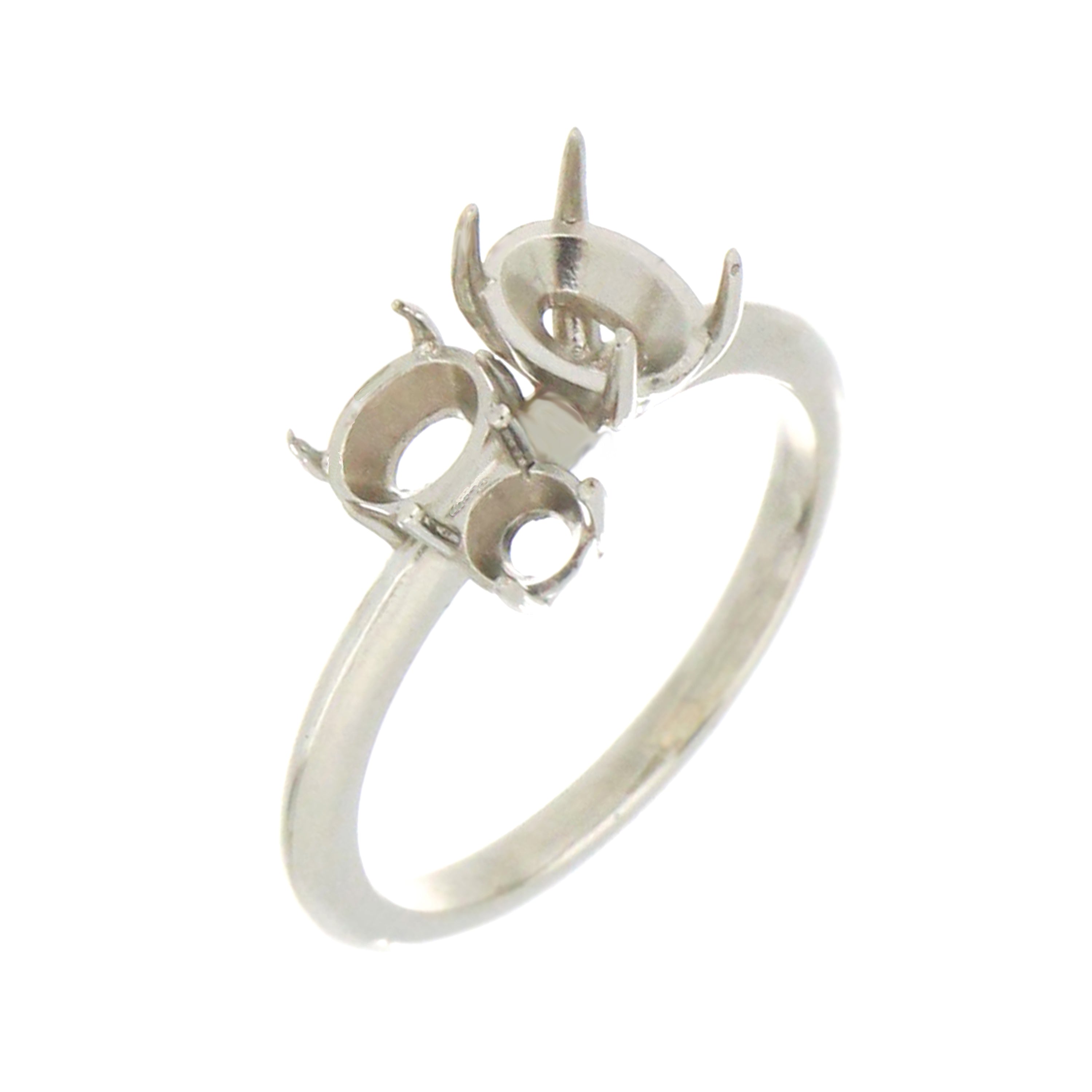 Custom 14kt white gold mounting for two oval and one round gemstone, size 5.5.