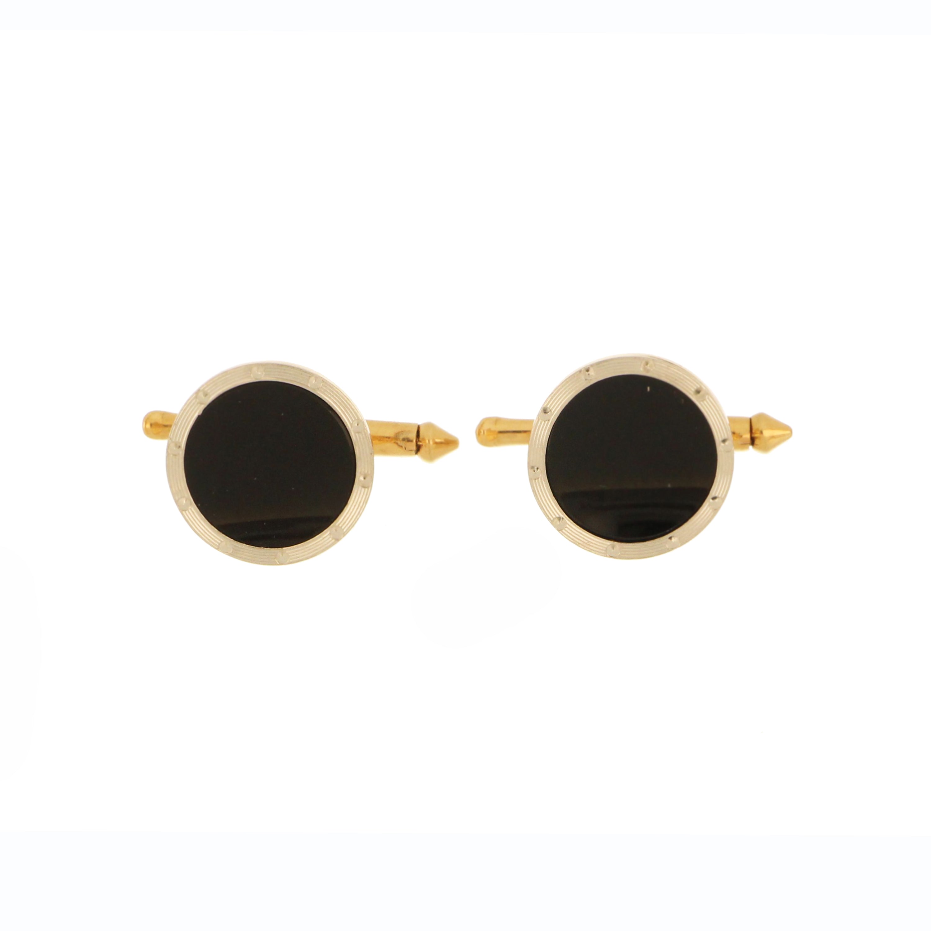 Two-tone gold men’s cufflinks featuring polished black onyx centers