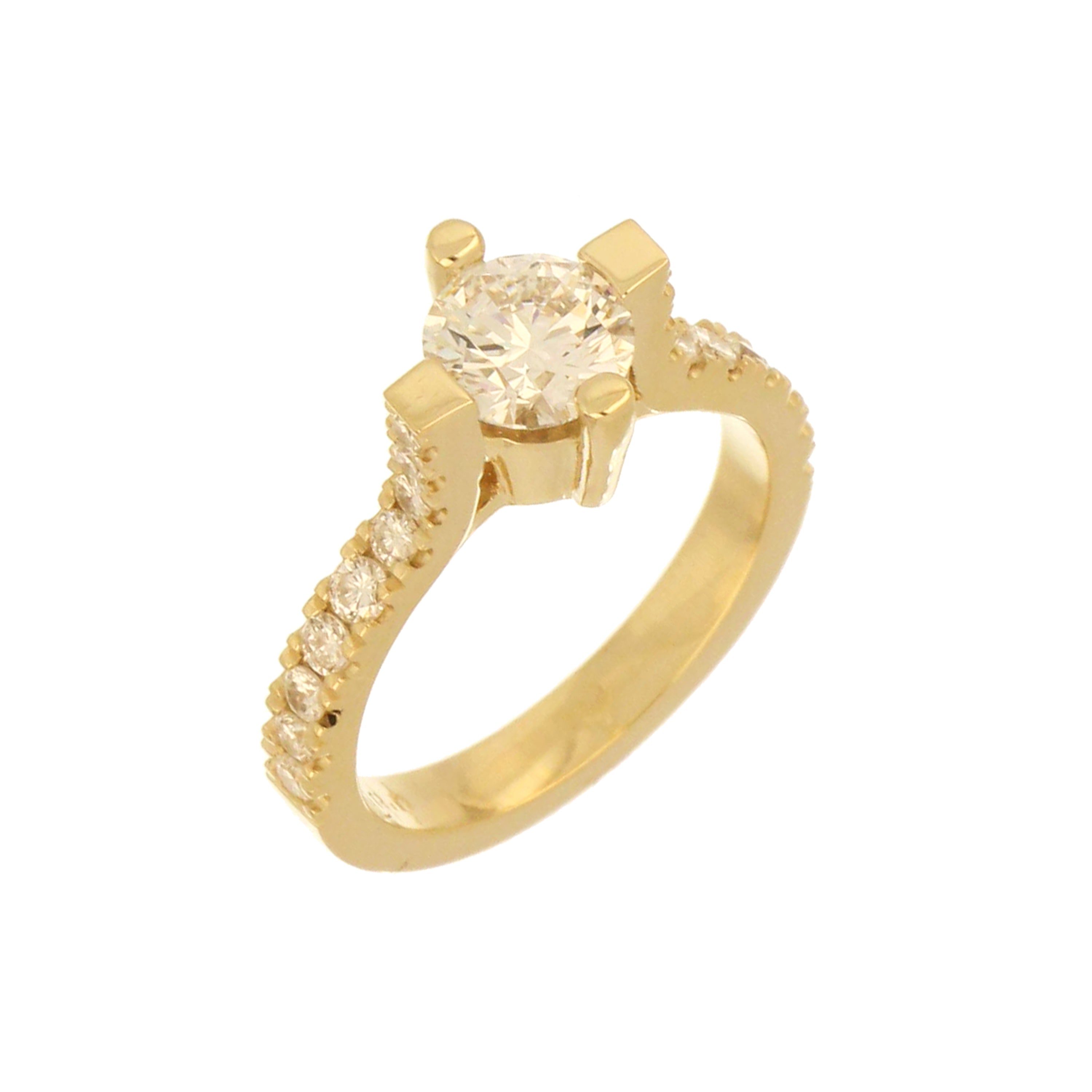 Yellow gold diamond engagement ring featuring round brilliant center stone and side accents.