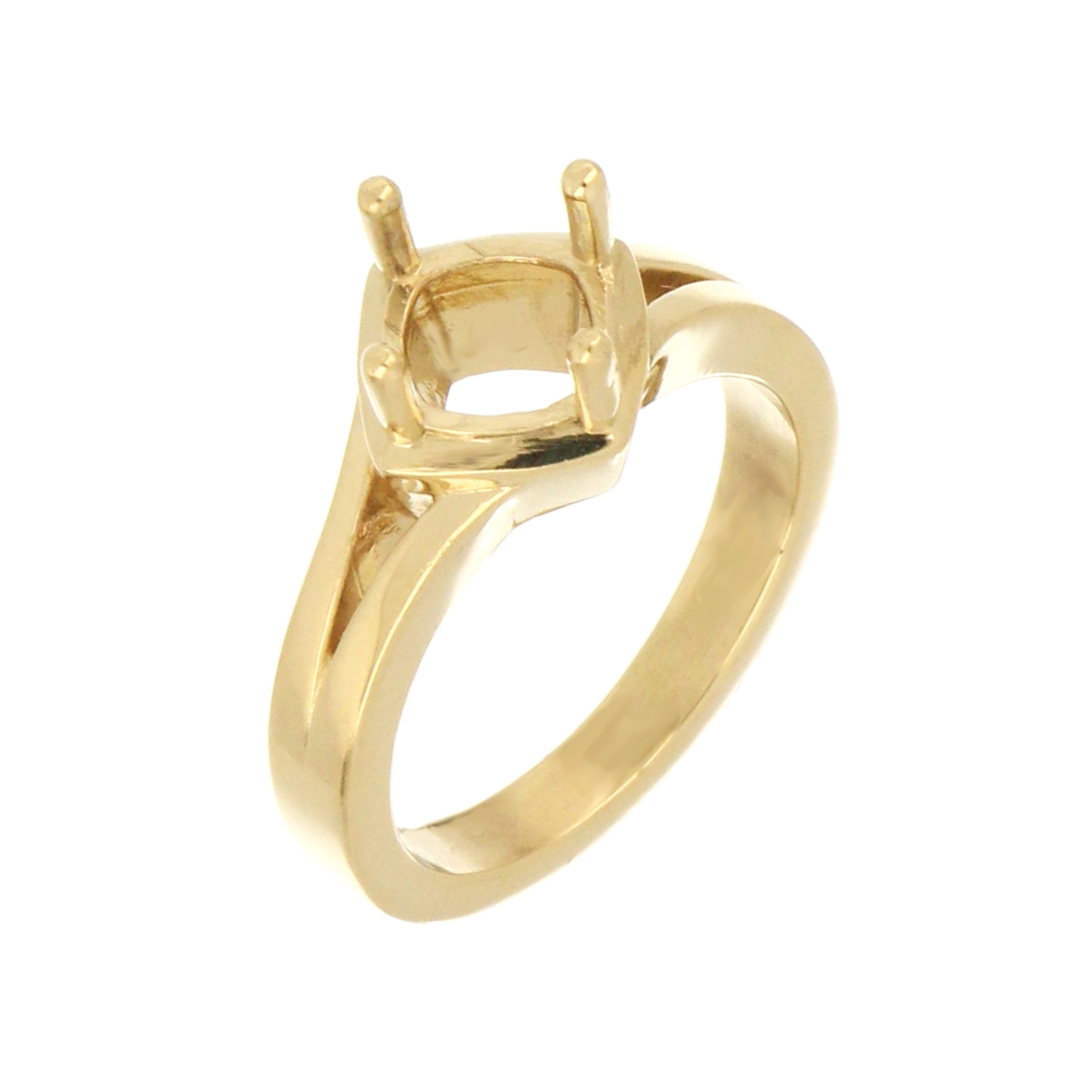 Yellow gold ring mounting designed to hold a round diamond or gemstone, polished finish.