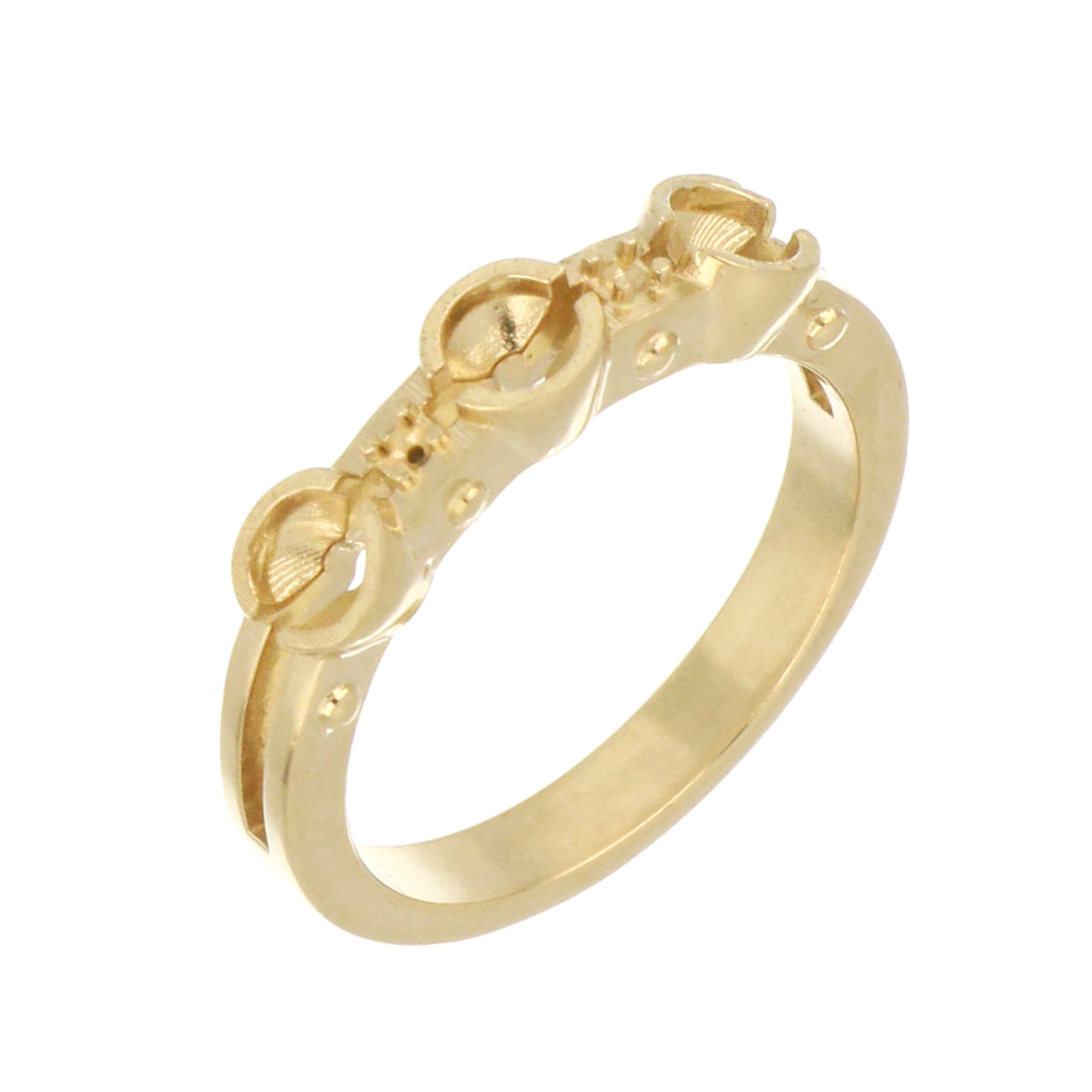 Yellow gold three-stone ring setting with bezel and claw details