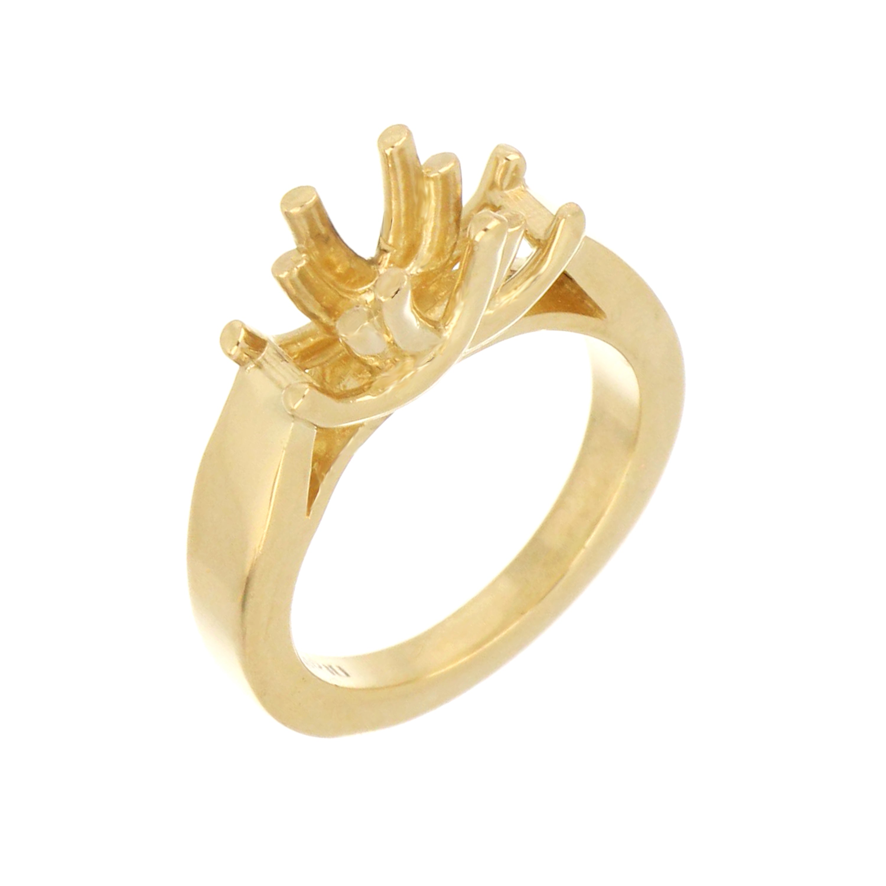 Solid 14kt gold ring base for round center and side stones, size 6.5.