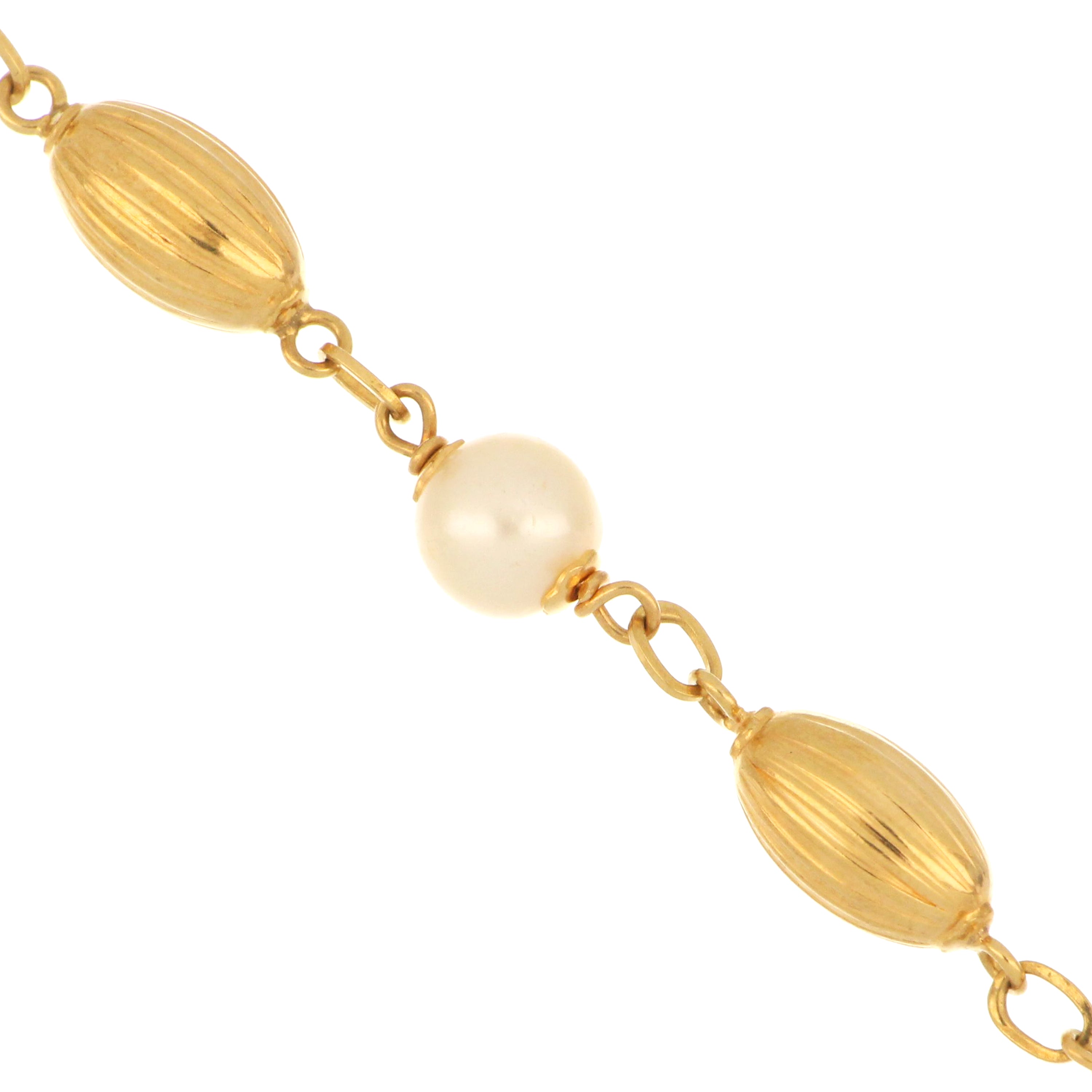Elegant 6.75-inch bracelet with 18kt gold links and five luminous cultured pearls.