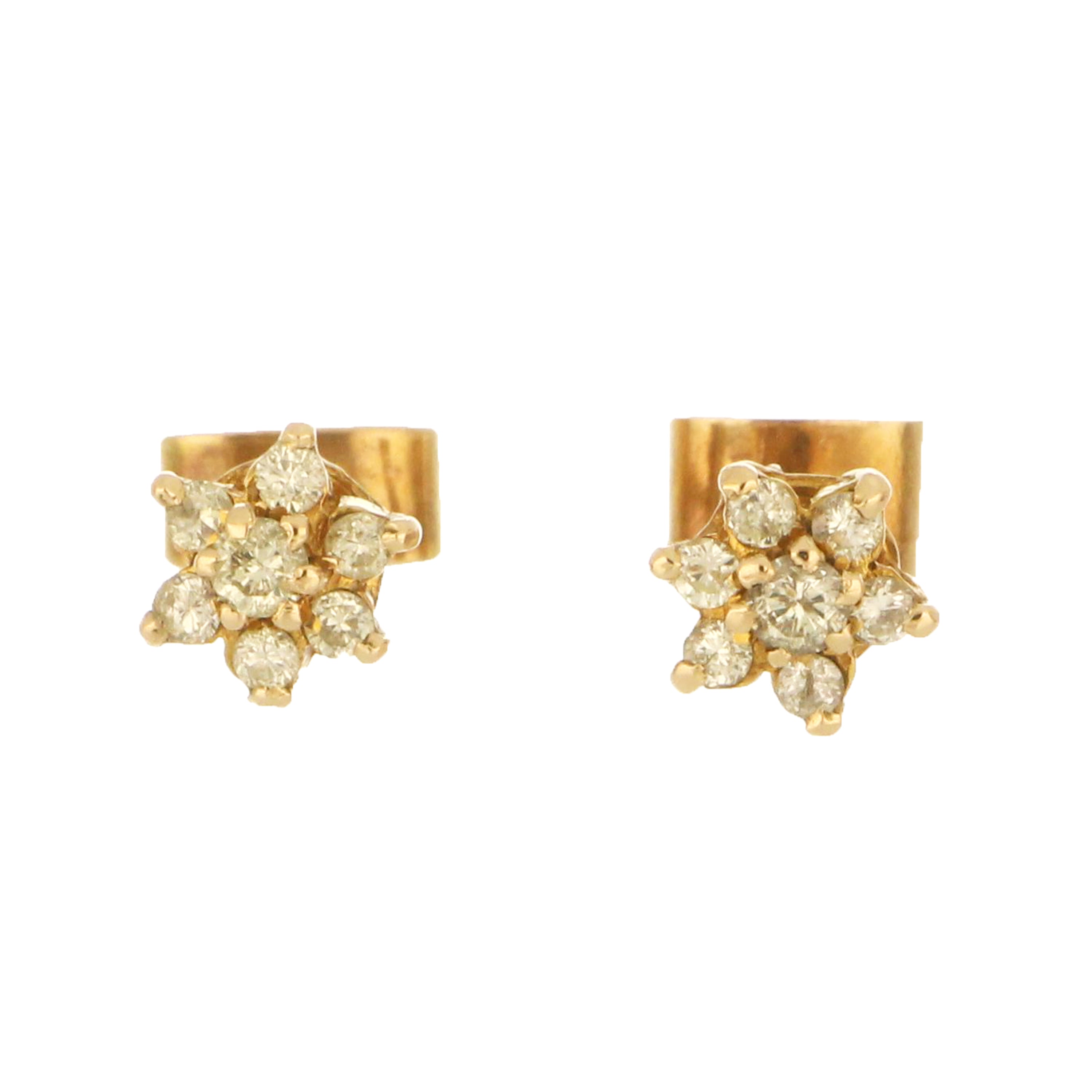 Floral diamond stud earrings in 18kt yellow gold with 14 round diamonds, 0.46ctw, pre-owned design.