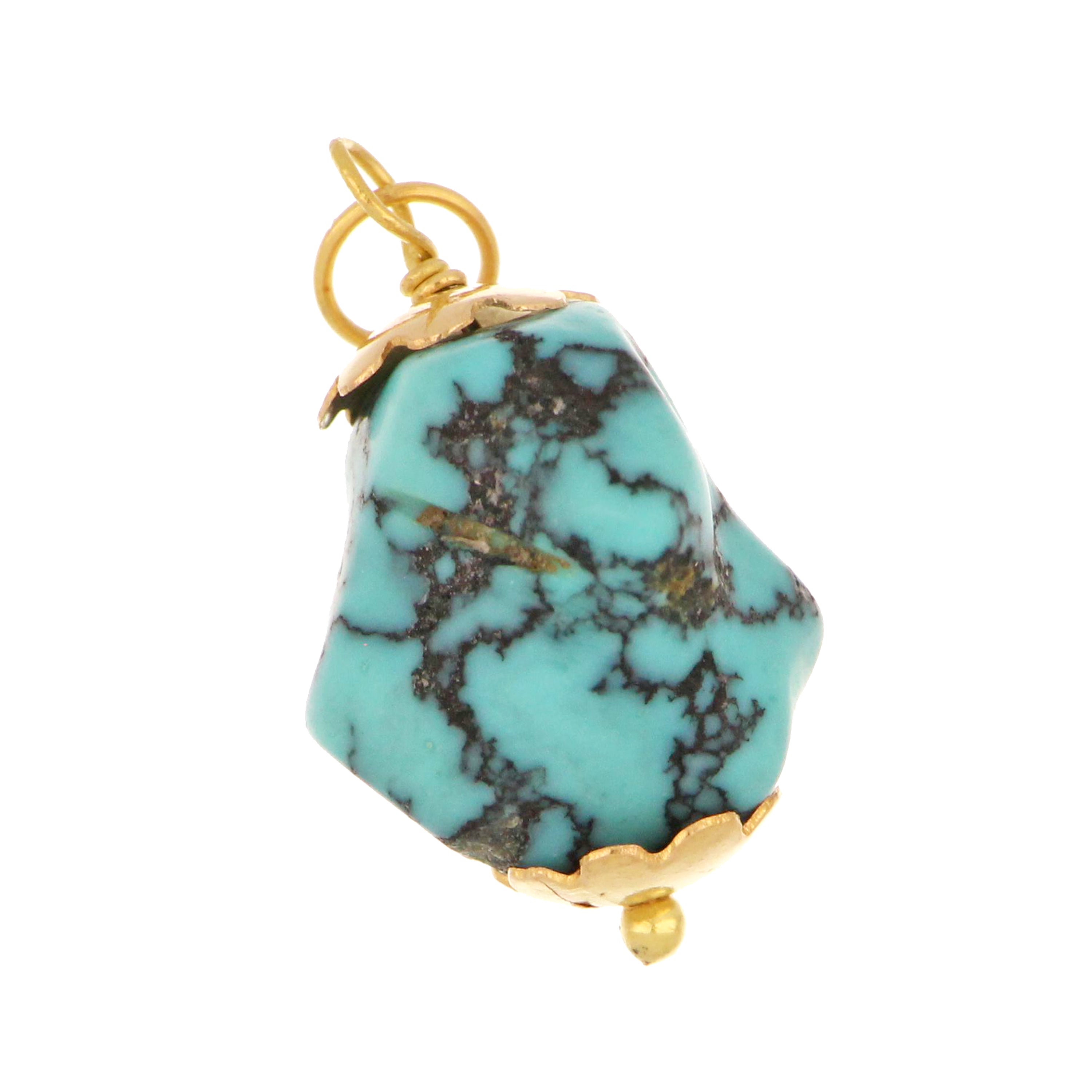 18kt yellow gold natural turquoise pendant with veined blue-green stone
