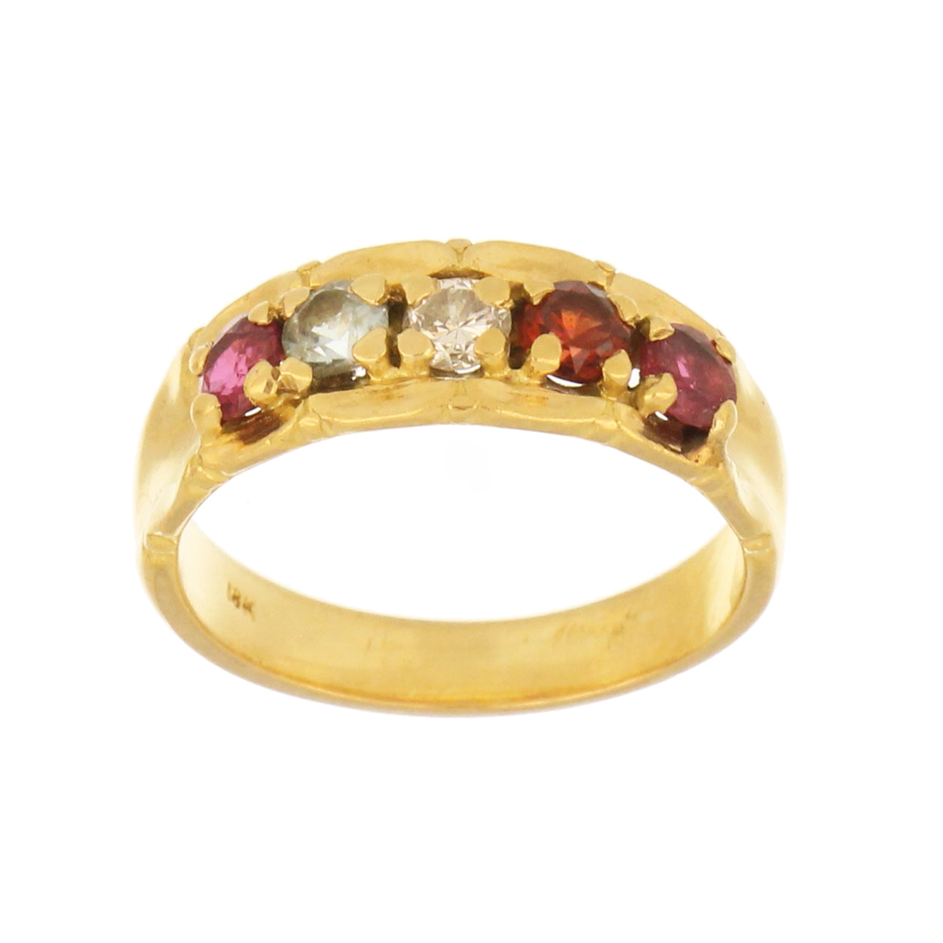 18kt yellow gold band with rubies, diamond, and aquamarine, 5.71g