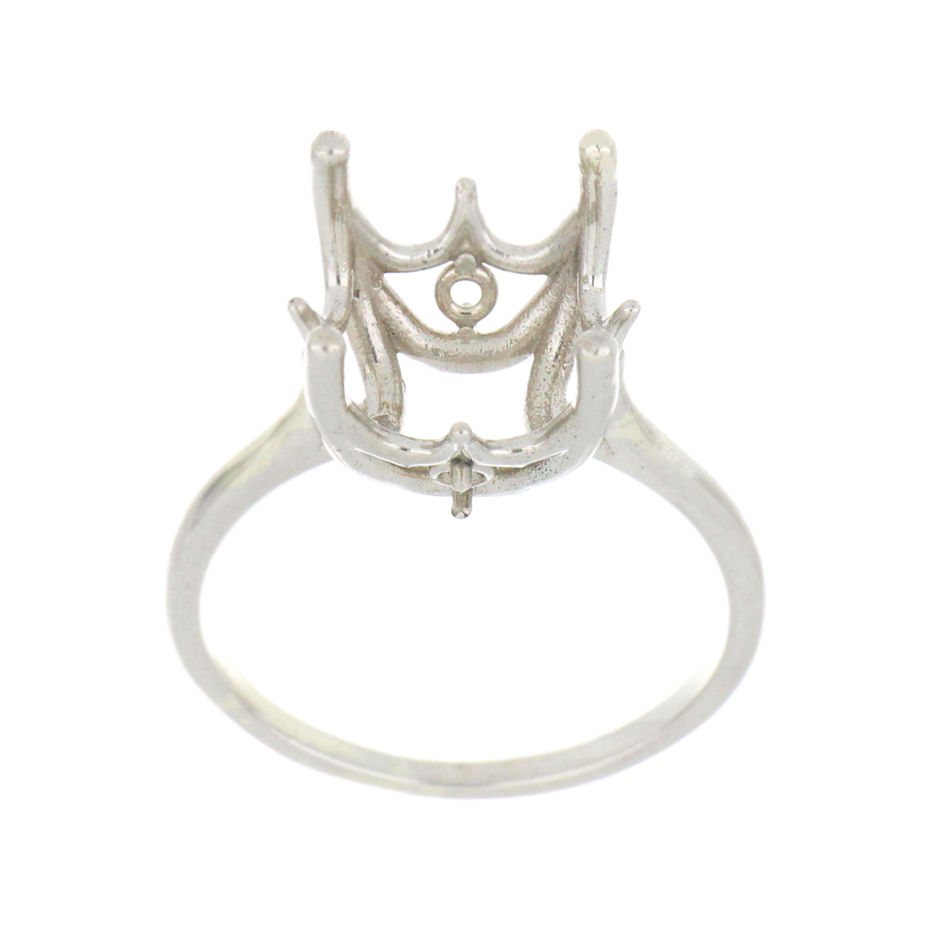 Top view of 14kt white gold solitaire ring mounting, size 6, empty prong setting for round stone
