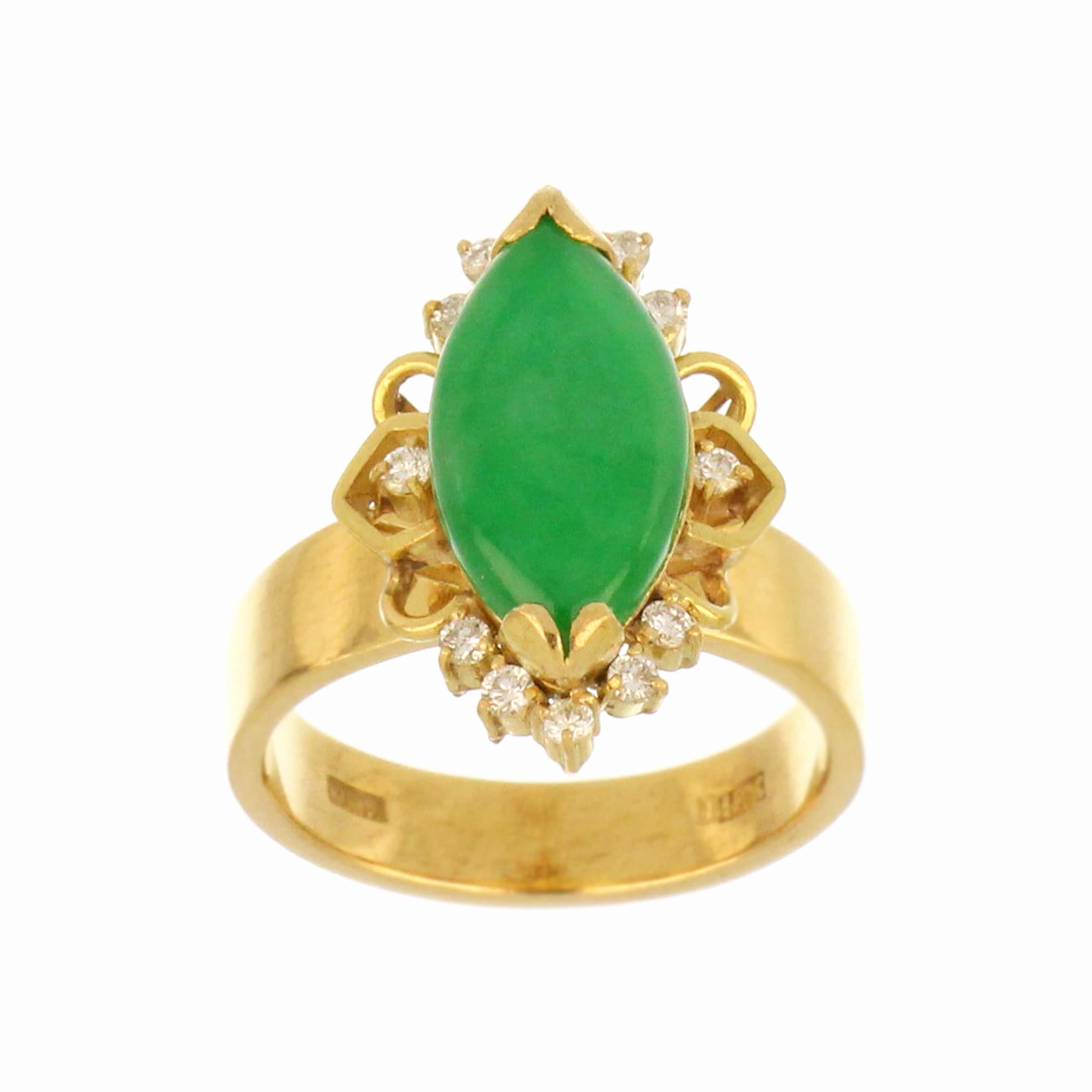 18kt yellow gold ring with marquise cabochon natural jadeite jade, side view showing diamond accents and polished shank