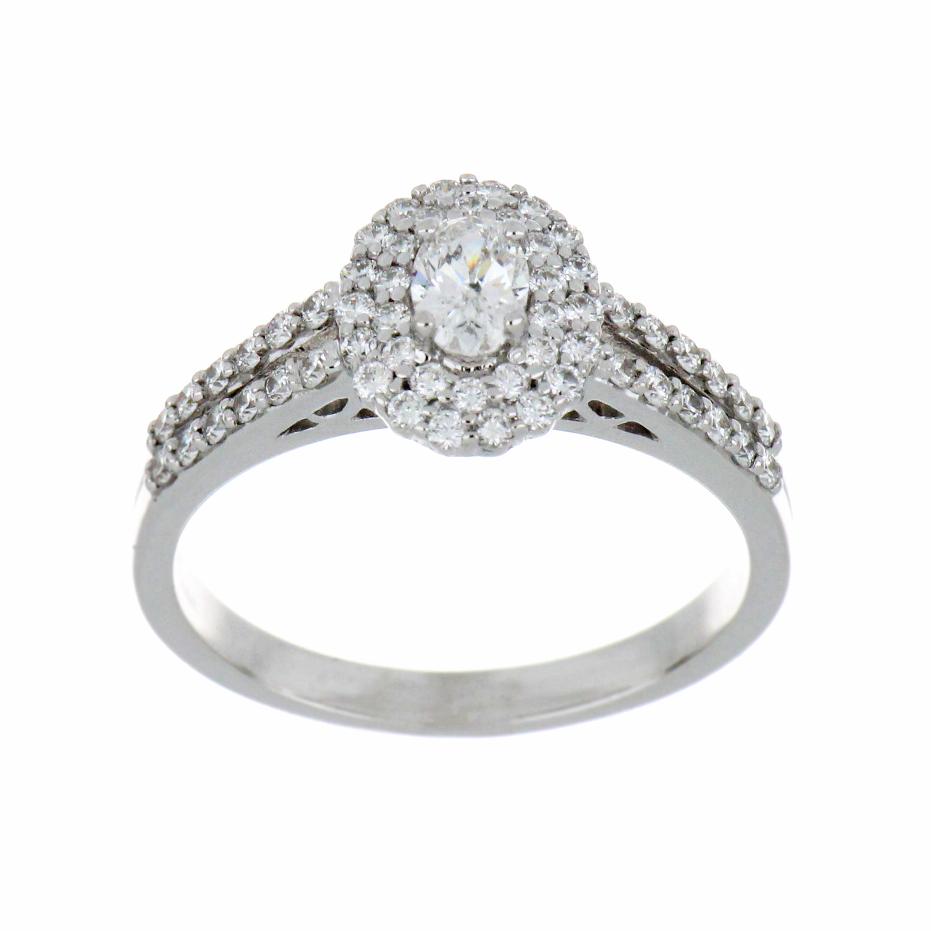 Close-up of 14kt white gold diamond ring showcasing oval Canadian maple leaf center diamond