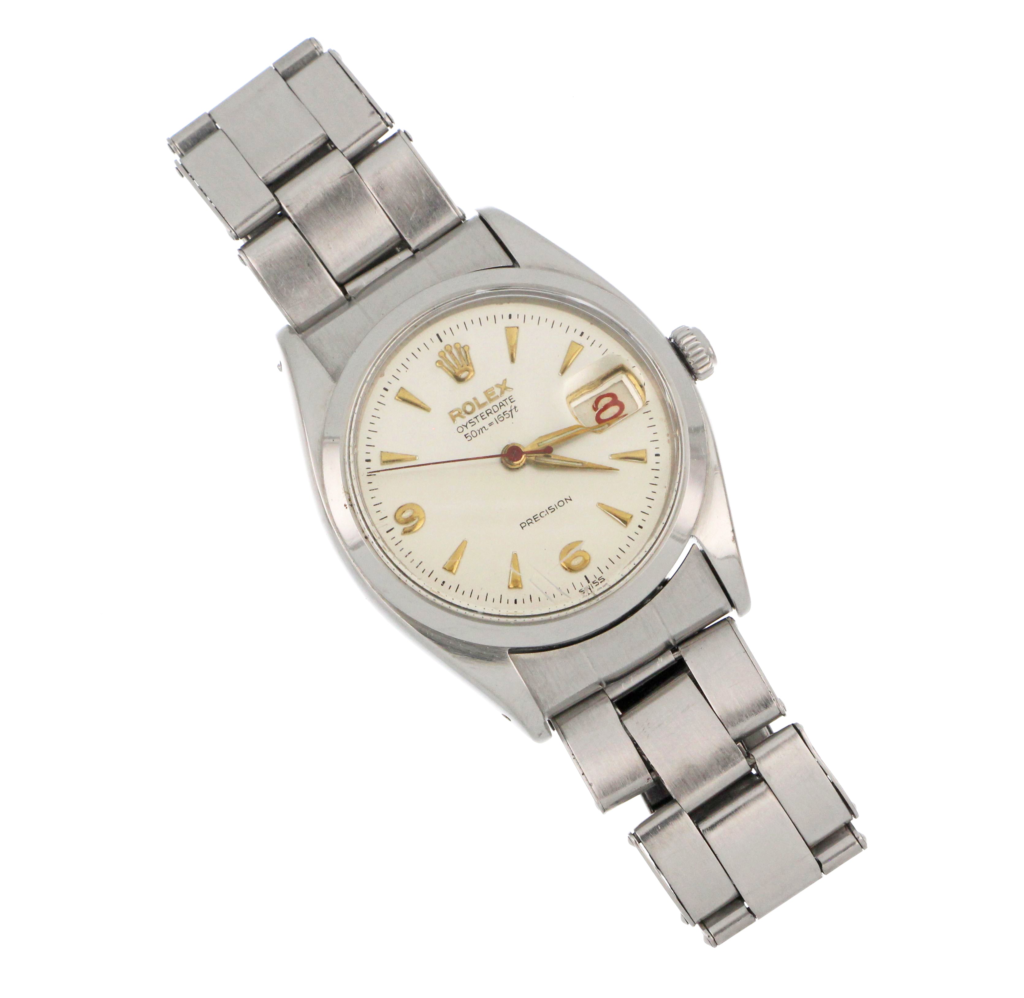 Mens Rolex Oyster Date Precision 1956 silver dial stainless steel case front view