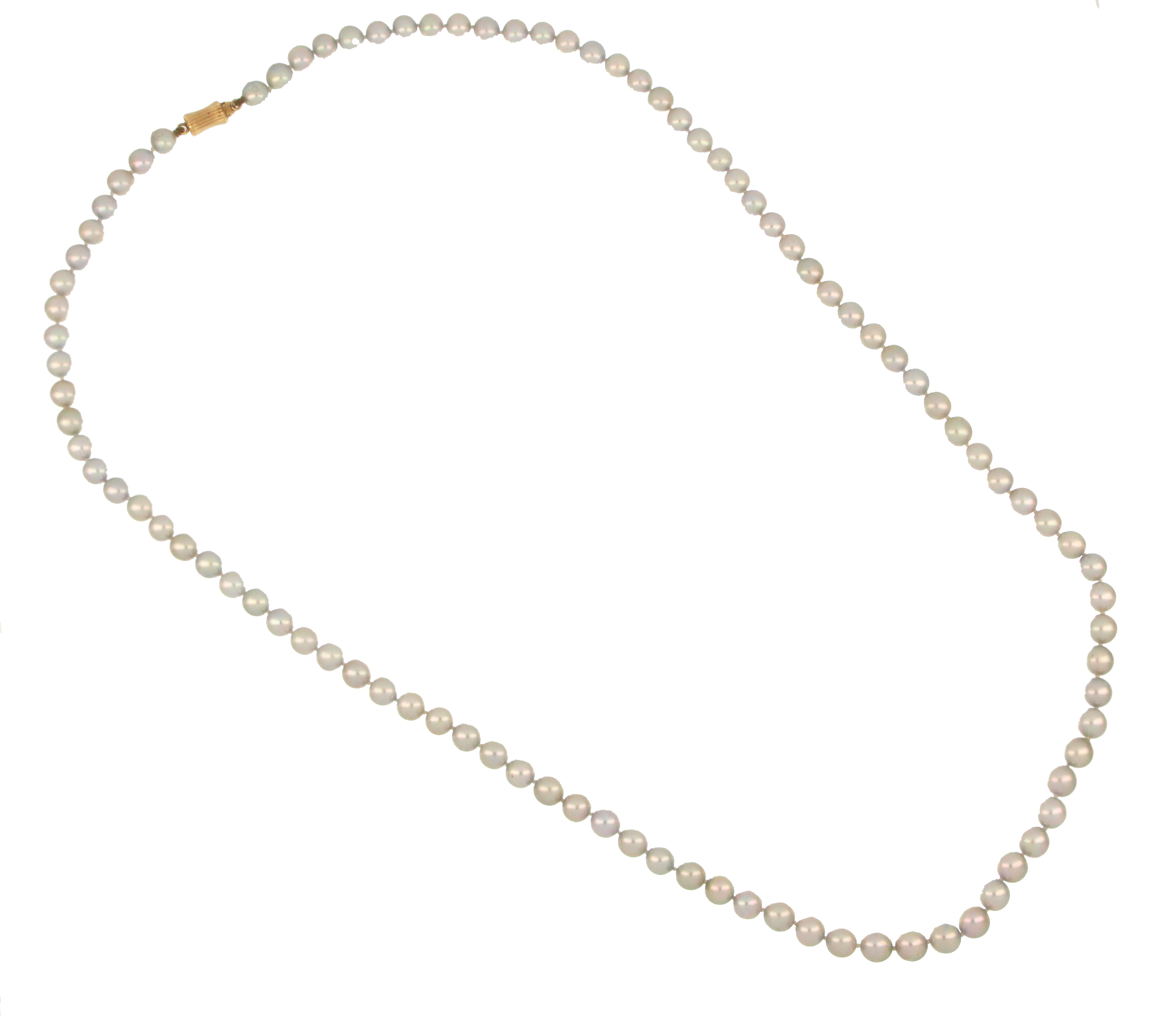 Full view of 26-inch cultured grey pearl necklace with 14K yellow gold clasp laid flat