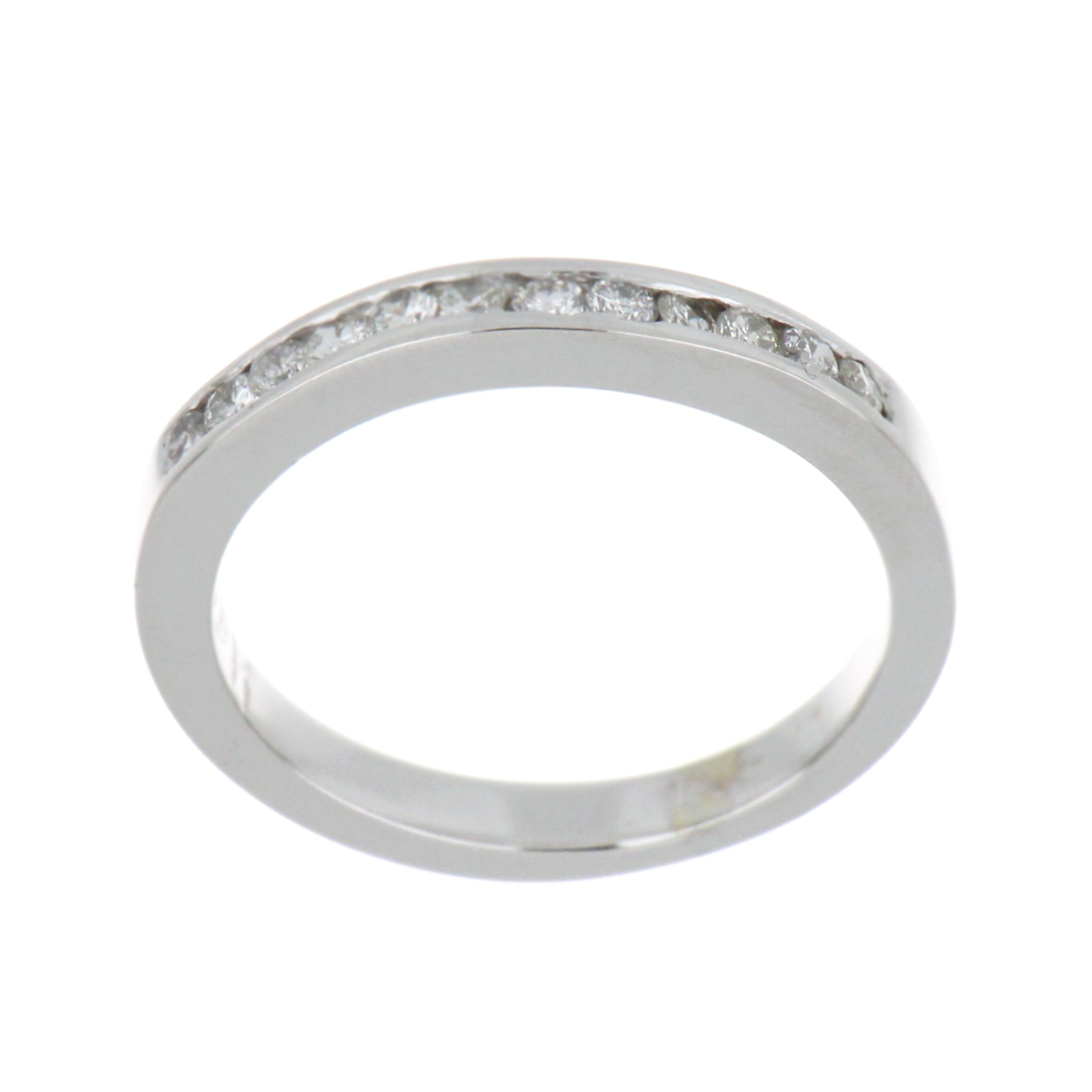 19kt white gold diamond band viewed top-down showcasing 12 round full cut diamonds in channel setting with polished shank