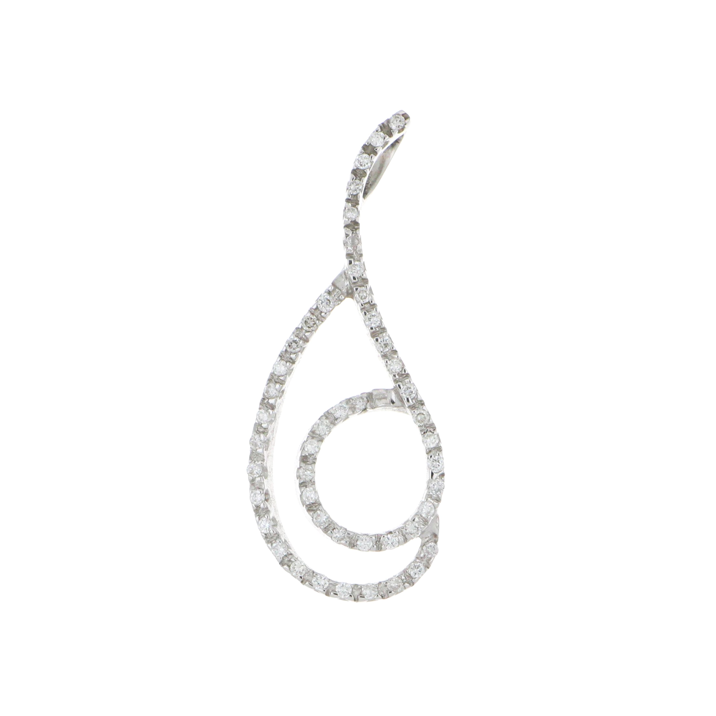 18kt white gold diamond pendant close-up, showcasing 46 round cut diamonds, approx. 0.25cttw, weighing 3.06 grams