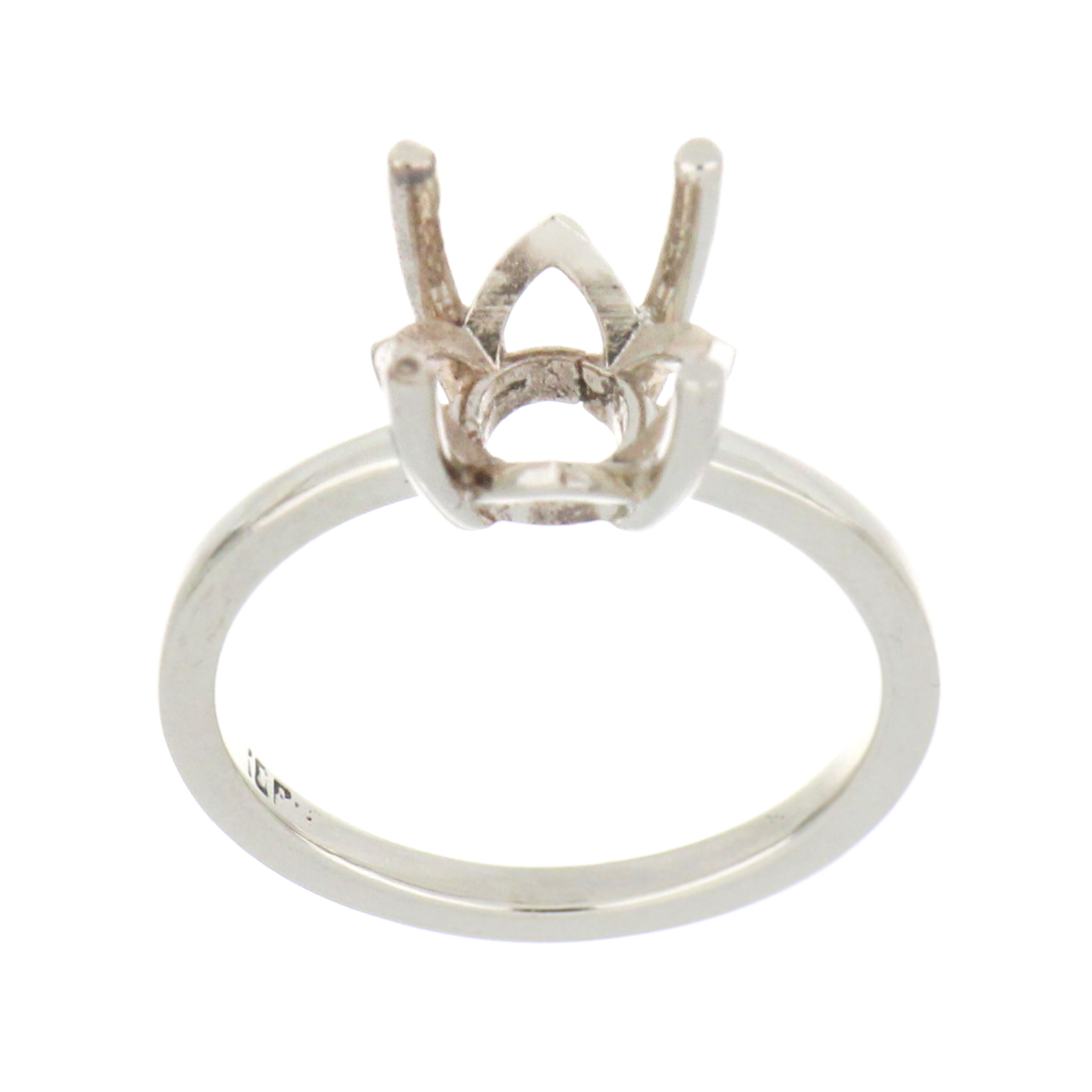 14kt white gold solitaire ring mounting, side angle showing four-claw setting and polished shank