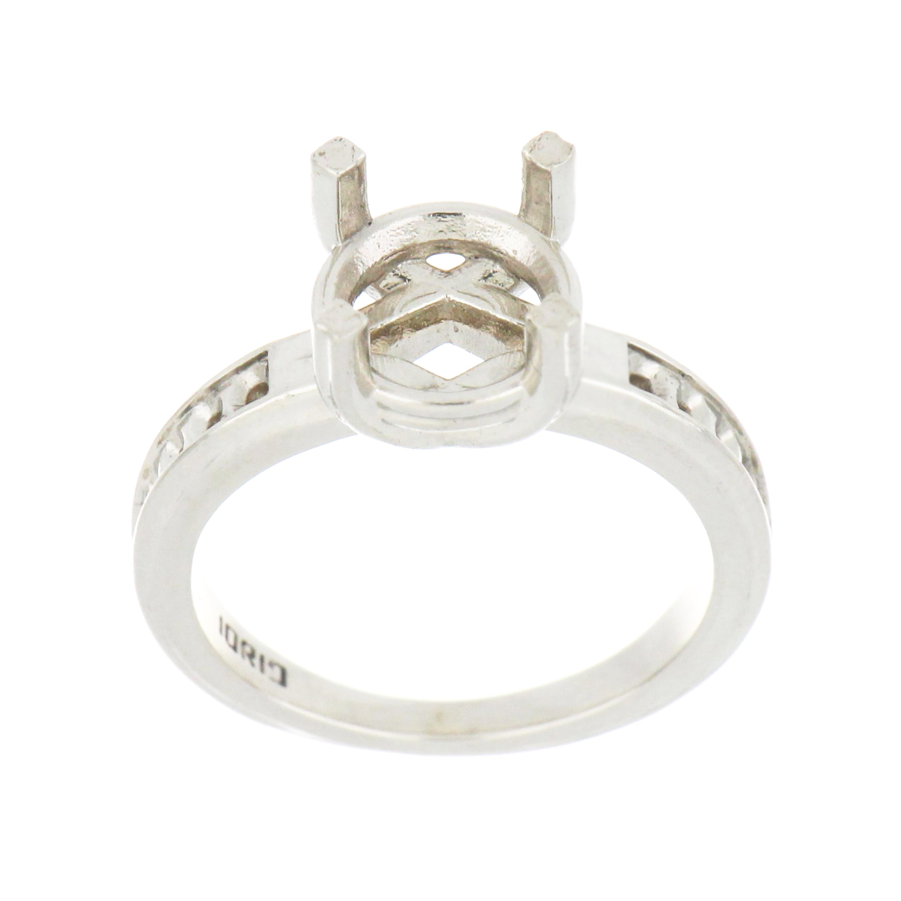 14kt white gold engagement ring mounting, side view showing polished shank and claw setting for round stones