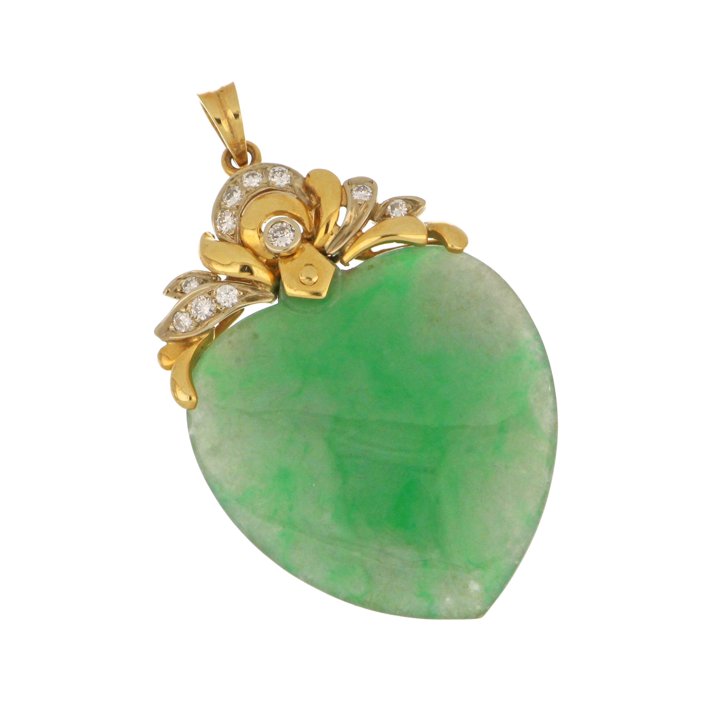 18kt yellow and white gold pendant showcasing heart-shaped semi-transparent yellowish green jadeite jade with round diamonds