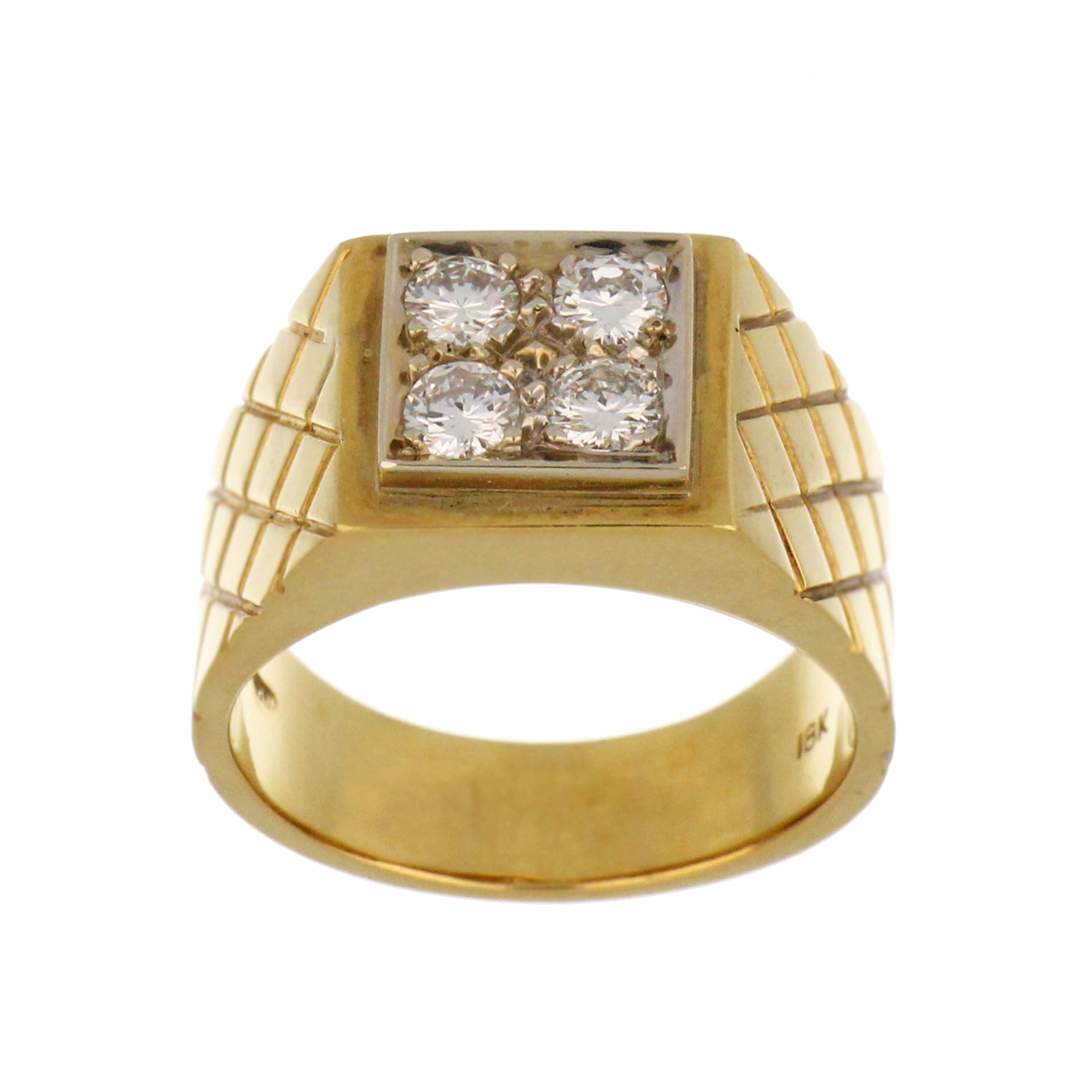 18kt yellow gold men’s diamond band showcasing four round brilliant cut diamonds in claw setting, angled top view