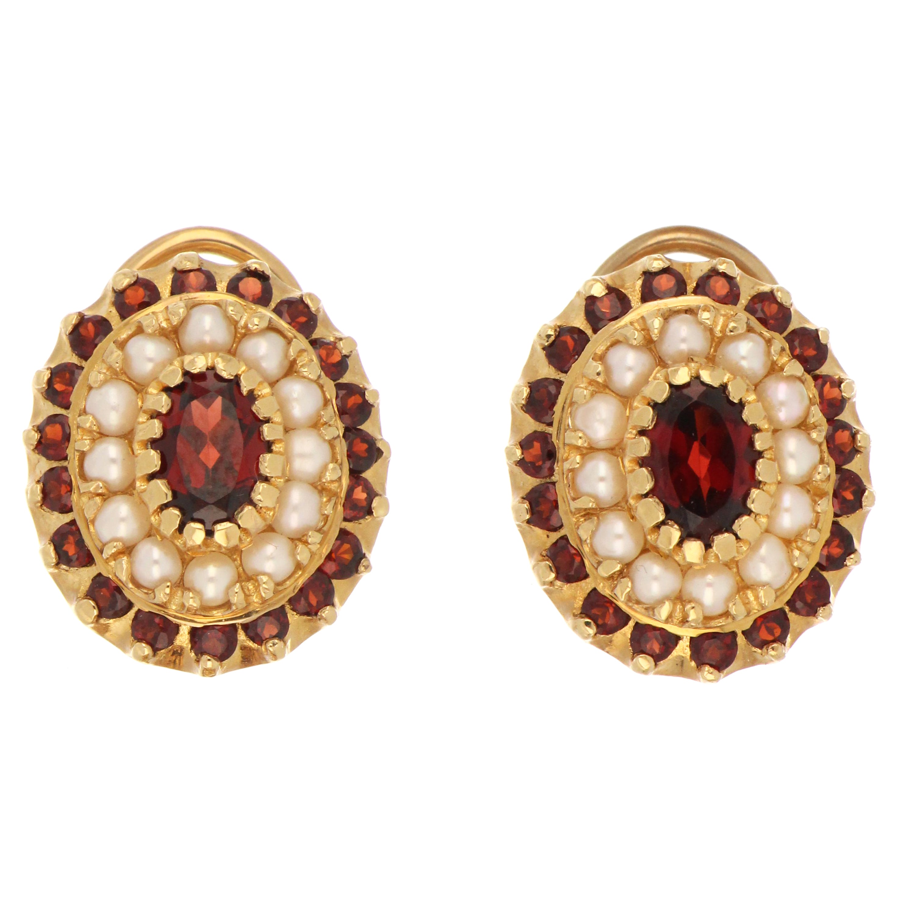 14kt yellow gold earrings featuring oval-shaped garnet stones surrounded by seed pearls, front angle view